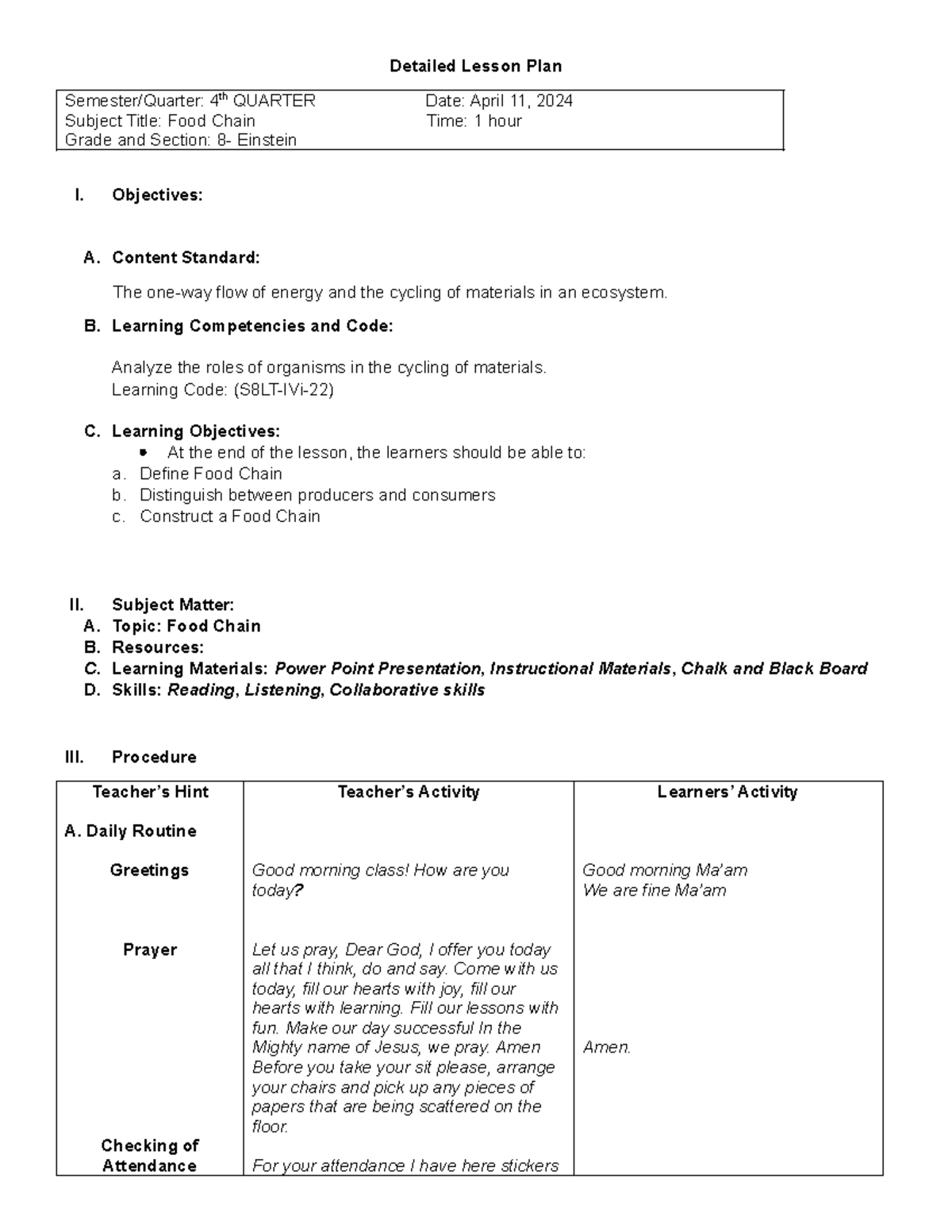 Local DEMO DLP-FOOD Chain - Detailed Lesson Plan Semester/Quarter: 4th ...