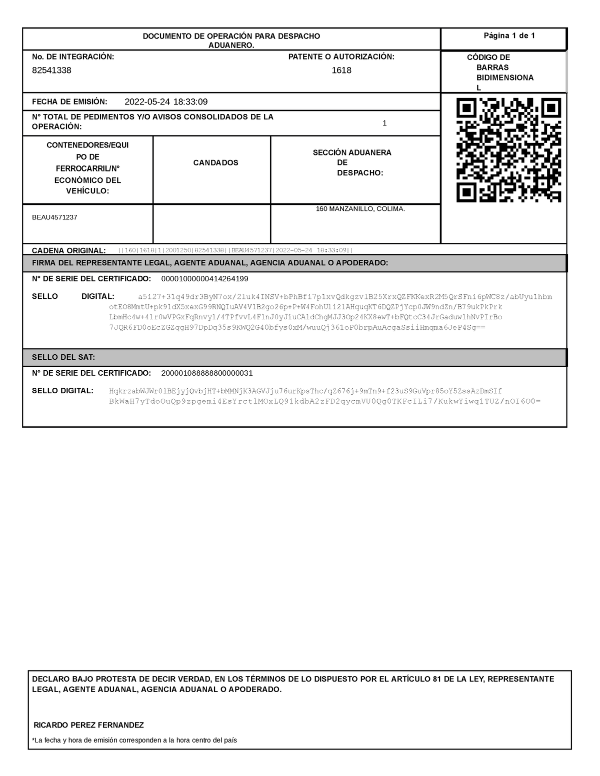 Impresión Doda Mz22 1243 Documento De OperaciÓn Para Despacho Aduanero Página 1 De 1 No De 7425