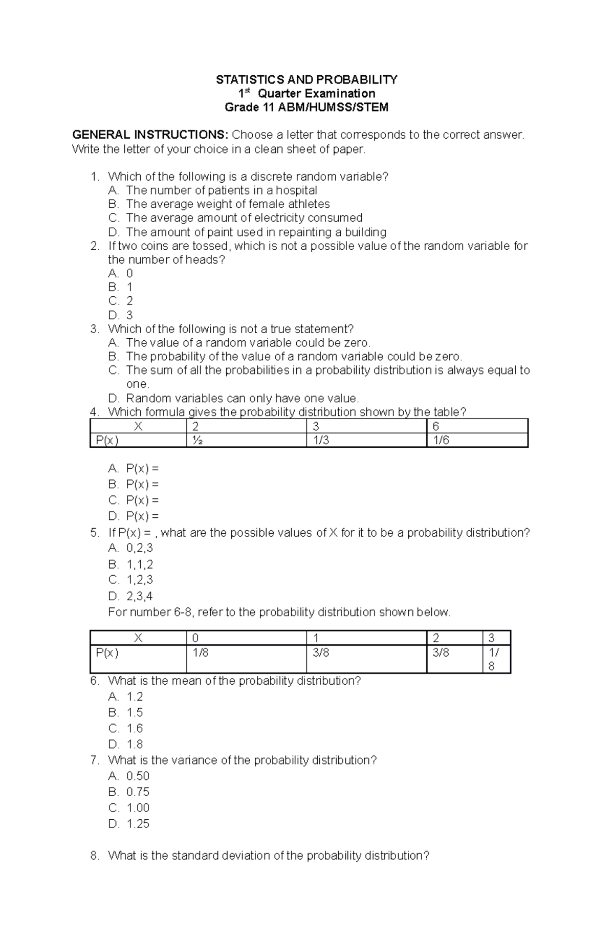 3rd Qtr Prelim Exam Statistics STATISTICS AND PROBABILITY 1 st