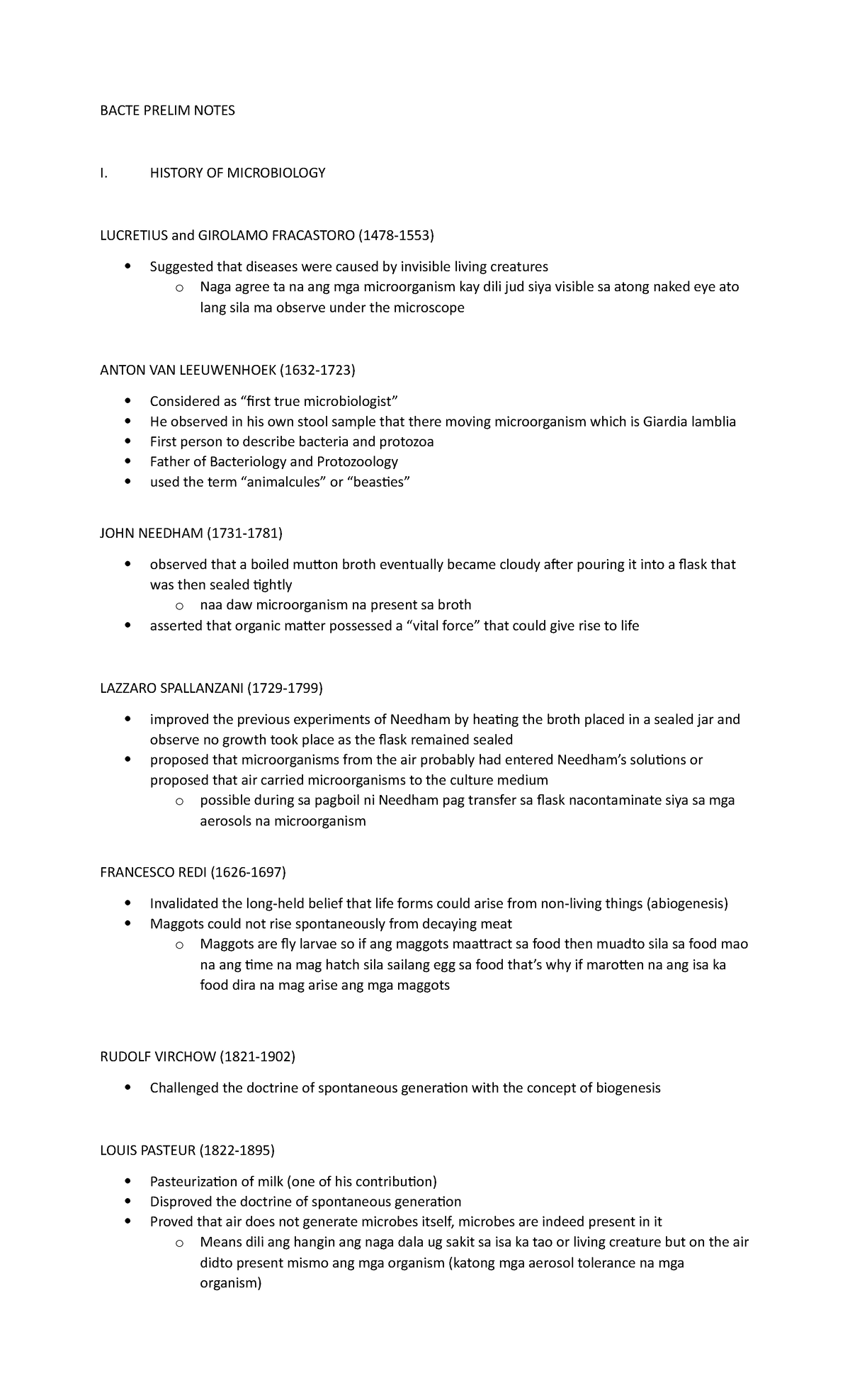 Bacte- Prelim- Notes - BACTE PRELIM NOTES I. HISTORY OF MICROBIOLOGY ...