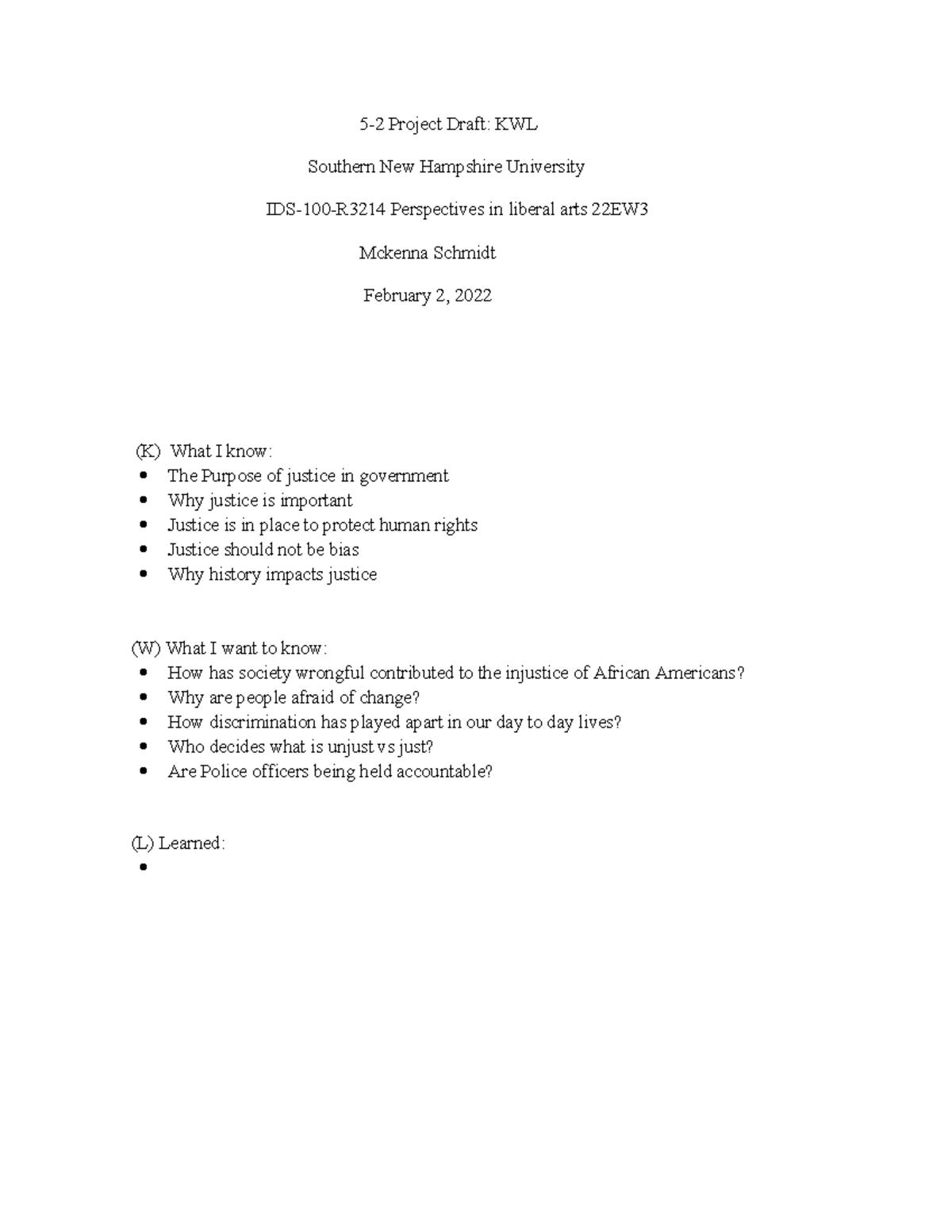 5 2 - homework - 5-2 Project Draft: KWL Southern New Hampshire ...
