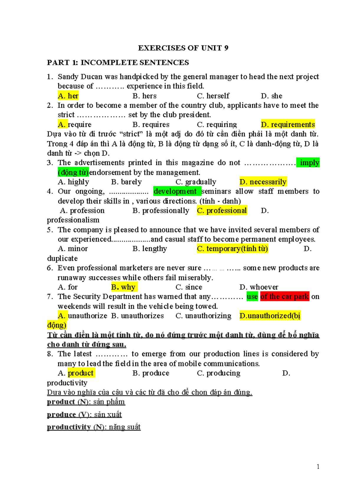 Exercises OF UNIT 9 - sad - EXERCISES OF UNIT 9 PART 1: INCOMPLETE ...