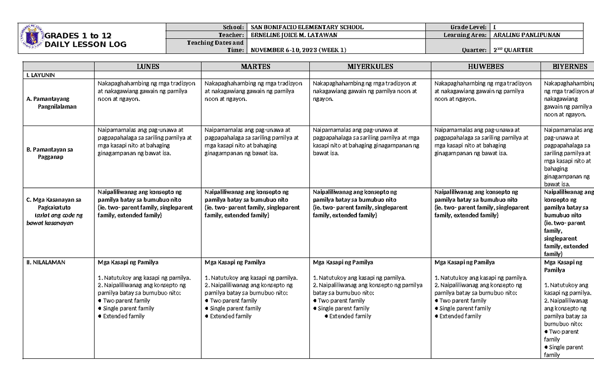 DLL Araling Panlipunan 1 Q2 W1 - GRADES 1 to 12 DAILY LESSON LOG School ...