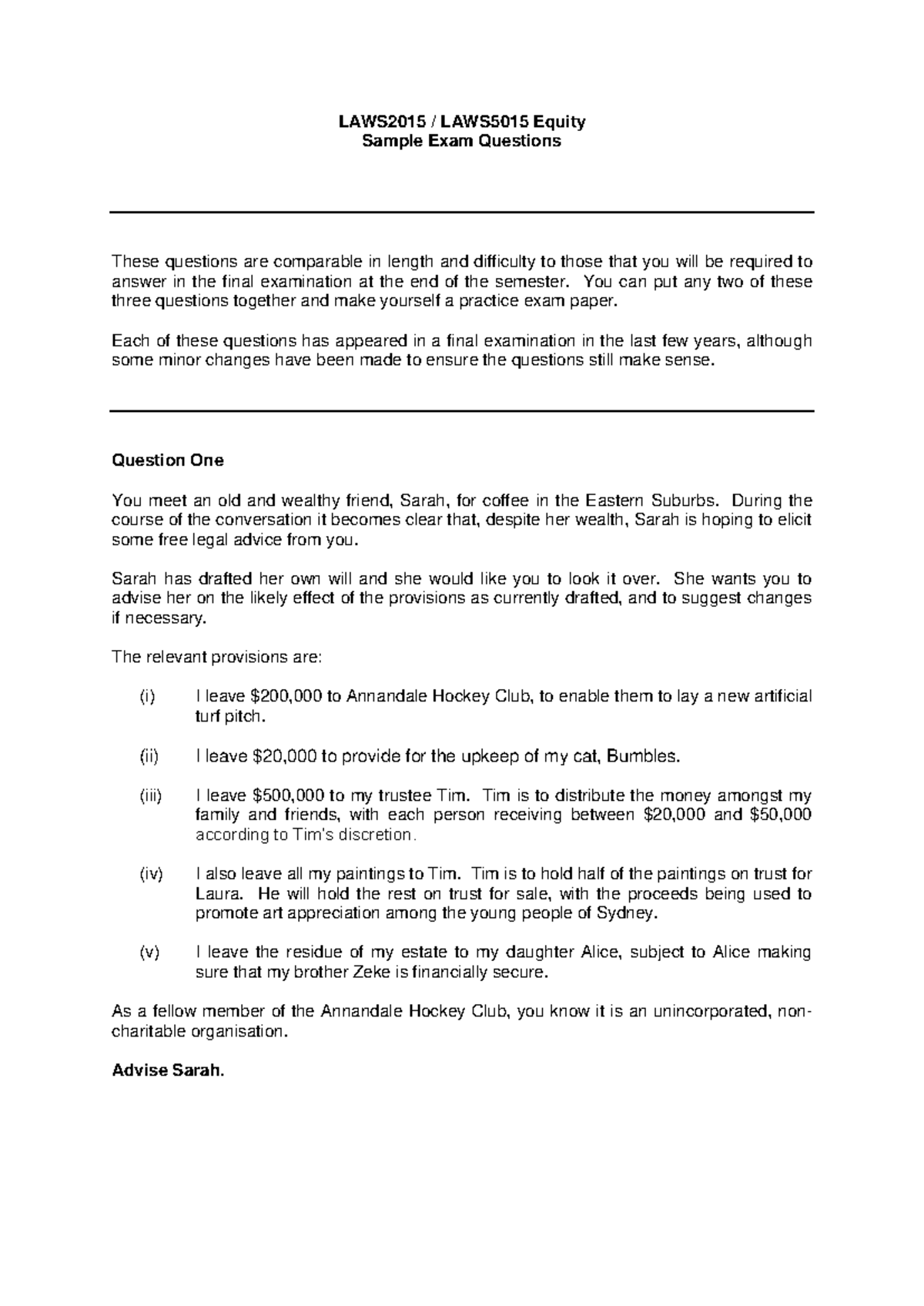Equity Sample Questions - LAWS2015 / LAWS5015 Equity Sample Exam ...