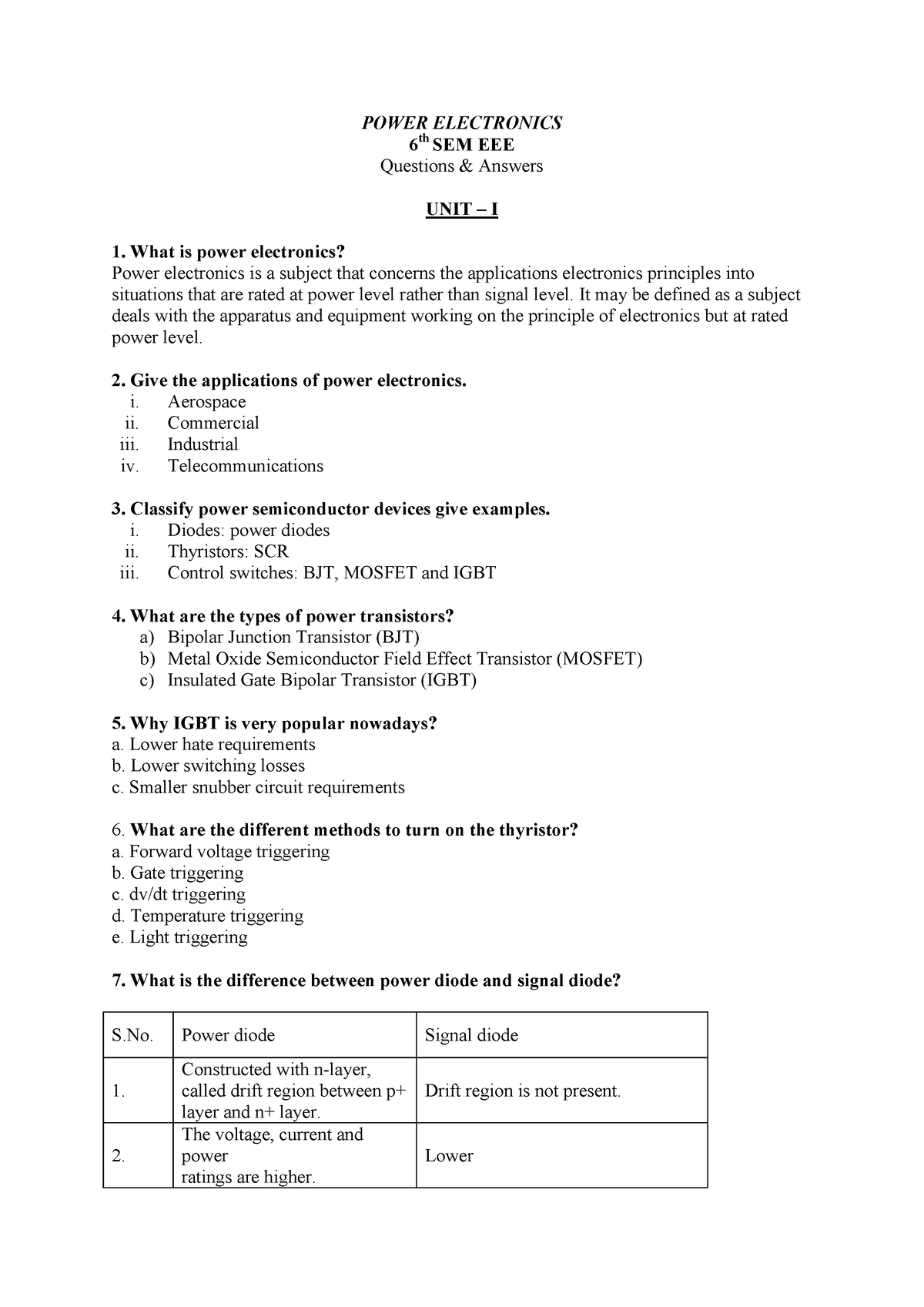 Power Electronics Qustion Bank - POWER ELECTRONICS 6 Th SEM EEE ...