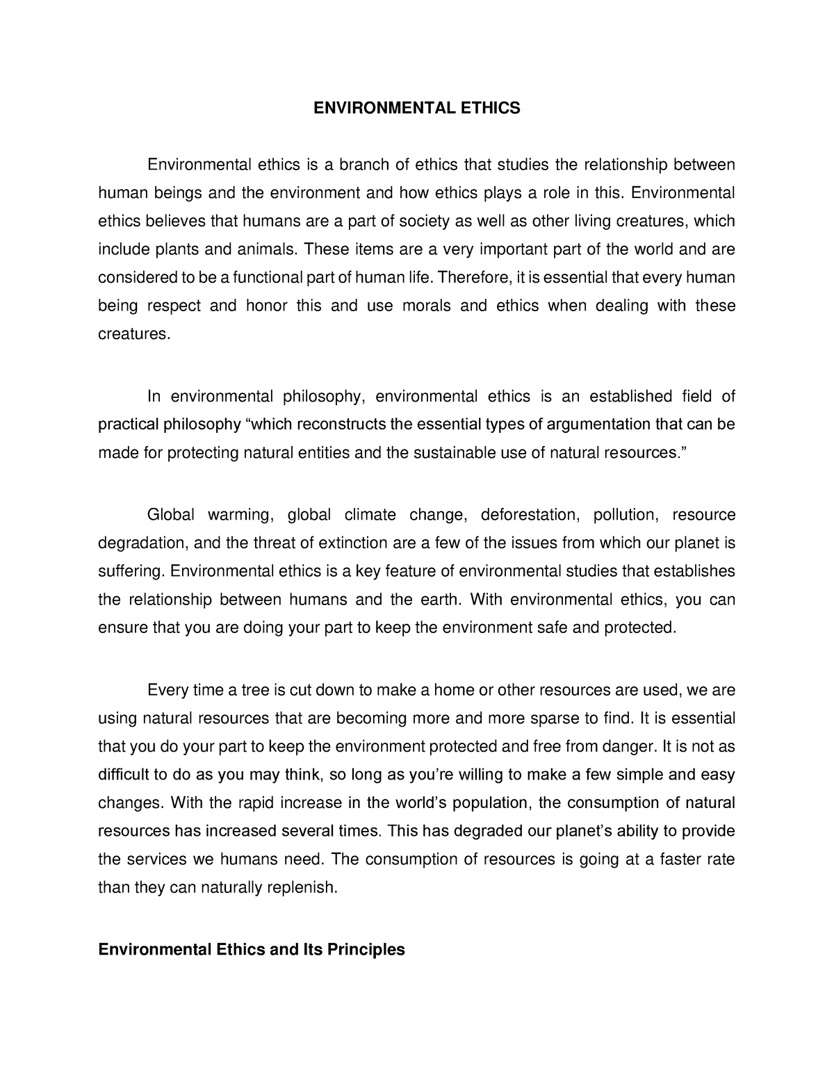 environmental ethics reflection essay