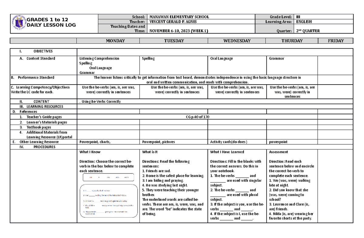 DLL English 3 Q2 W1 - none - GRADES 1 to 12 DAILY LESSON LOG School ...