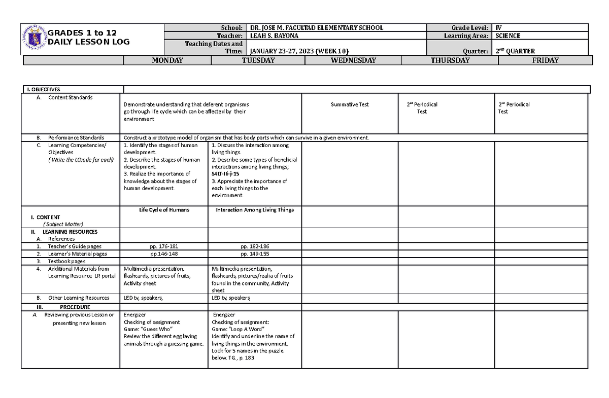 DLL Science 4 Q2 W10 - FOR REFERENCE - GRADES 1 to 12 DAILY LESSON LOG ...