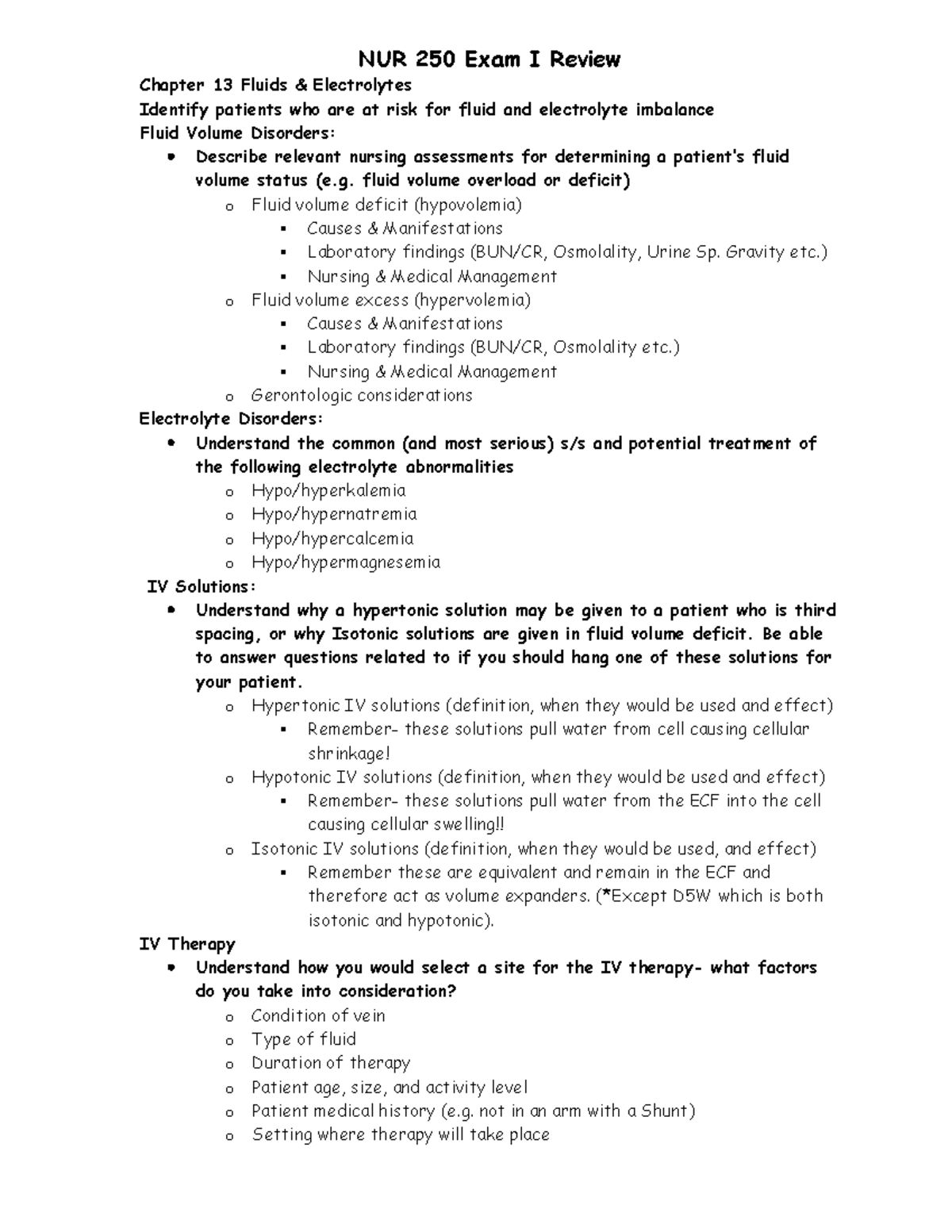 NUR 250 Exam I Review - NUR 250 Exam I Review Chapter 13 Fluids ...