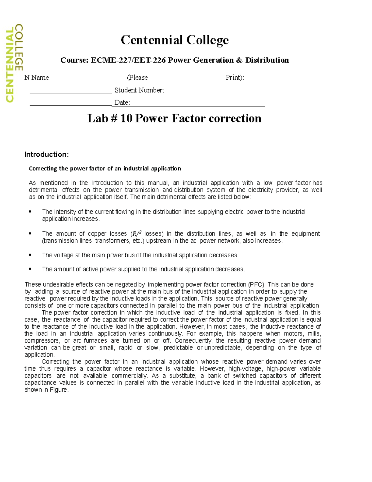 Lab 10 Power Factor correction Centennial College Course ECME227