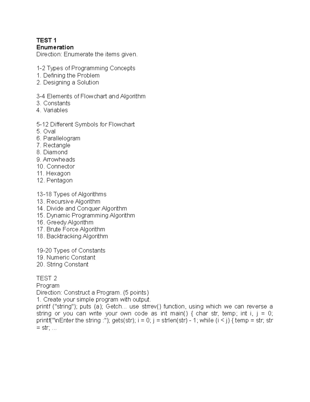 IT101-Module-8 - Yes - TEST 1 Enumeration Direction: Enumerate the ...