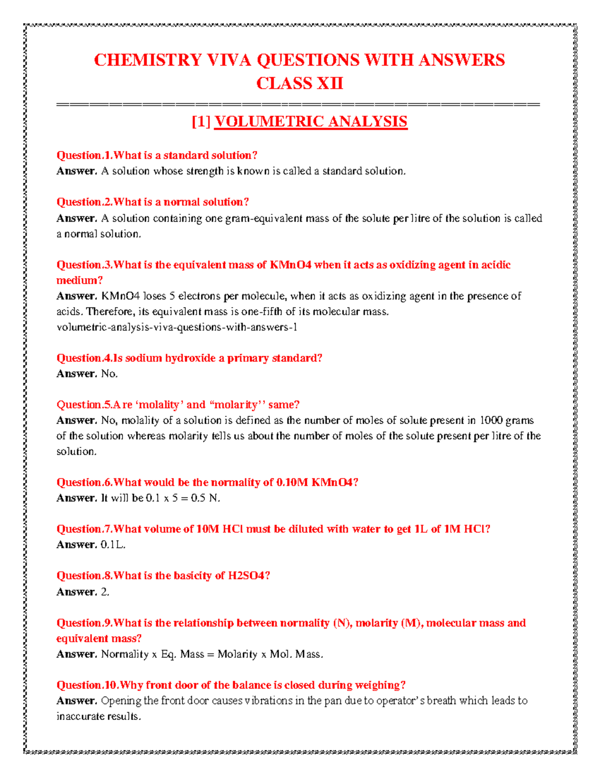 C12 Chemistry Practical Viva Questions With Answers Chemistry Viva