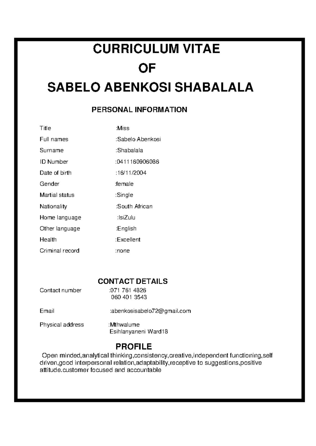 Abe CV - CURRICULUM VITAE OF SABELO ABENKOSI SHABALALA PERSONAL ...