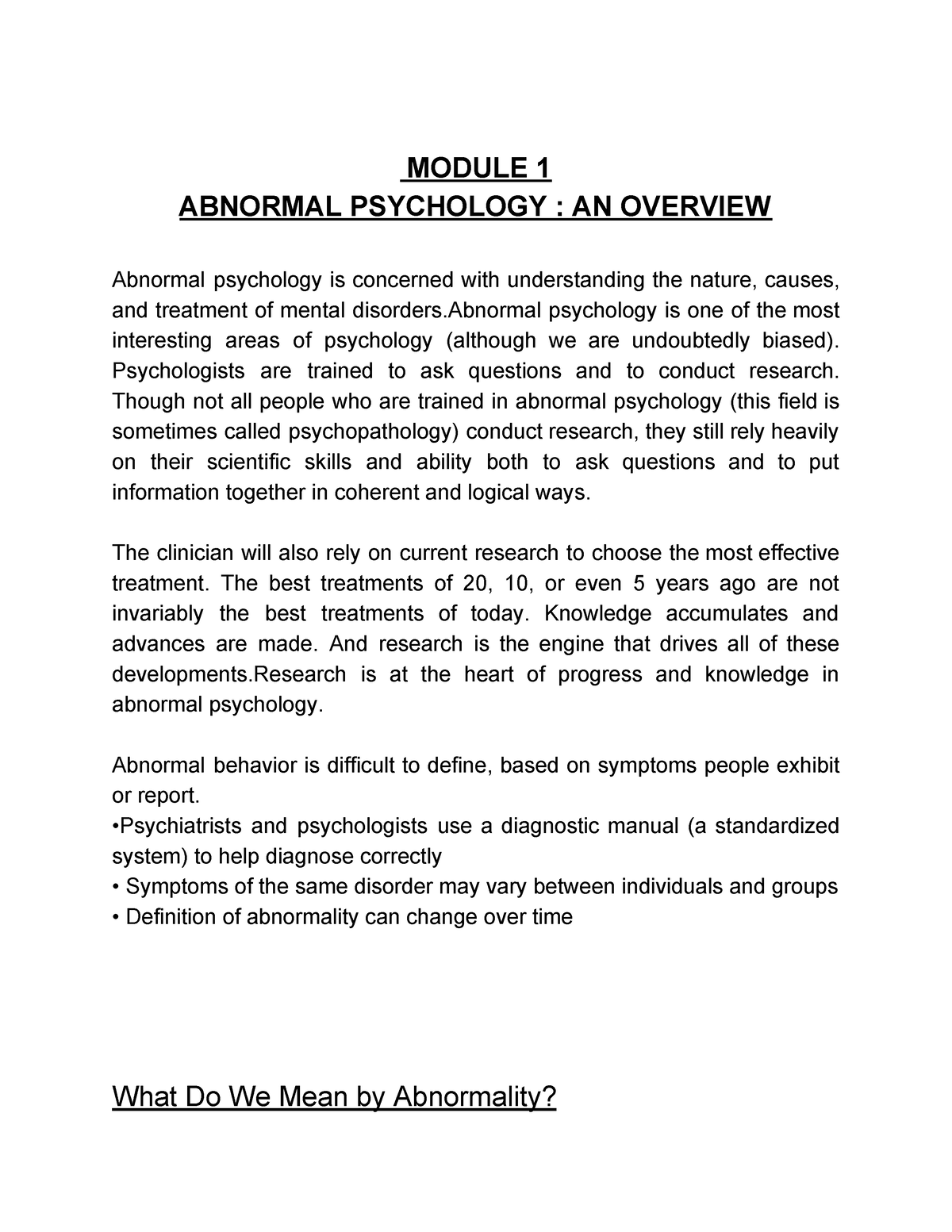 Module 1 - Abnormal Psychology - MODULE 1 ABNORMAL PSYCHOLOGY : AN ...