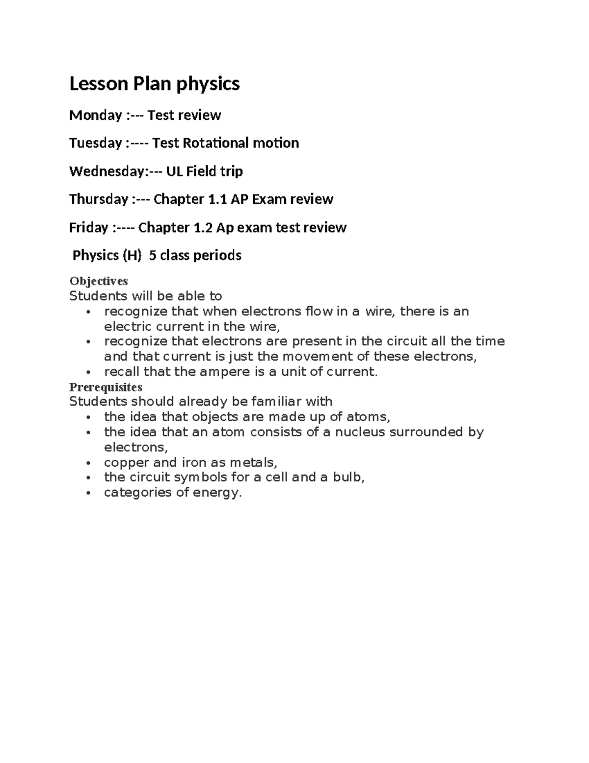 Lesson Plan March 27 Lesson Plan Physics Monday Test Review Tuesday Test Rotational 9423