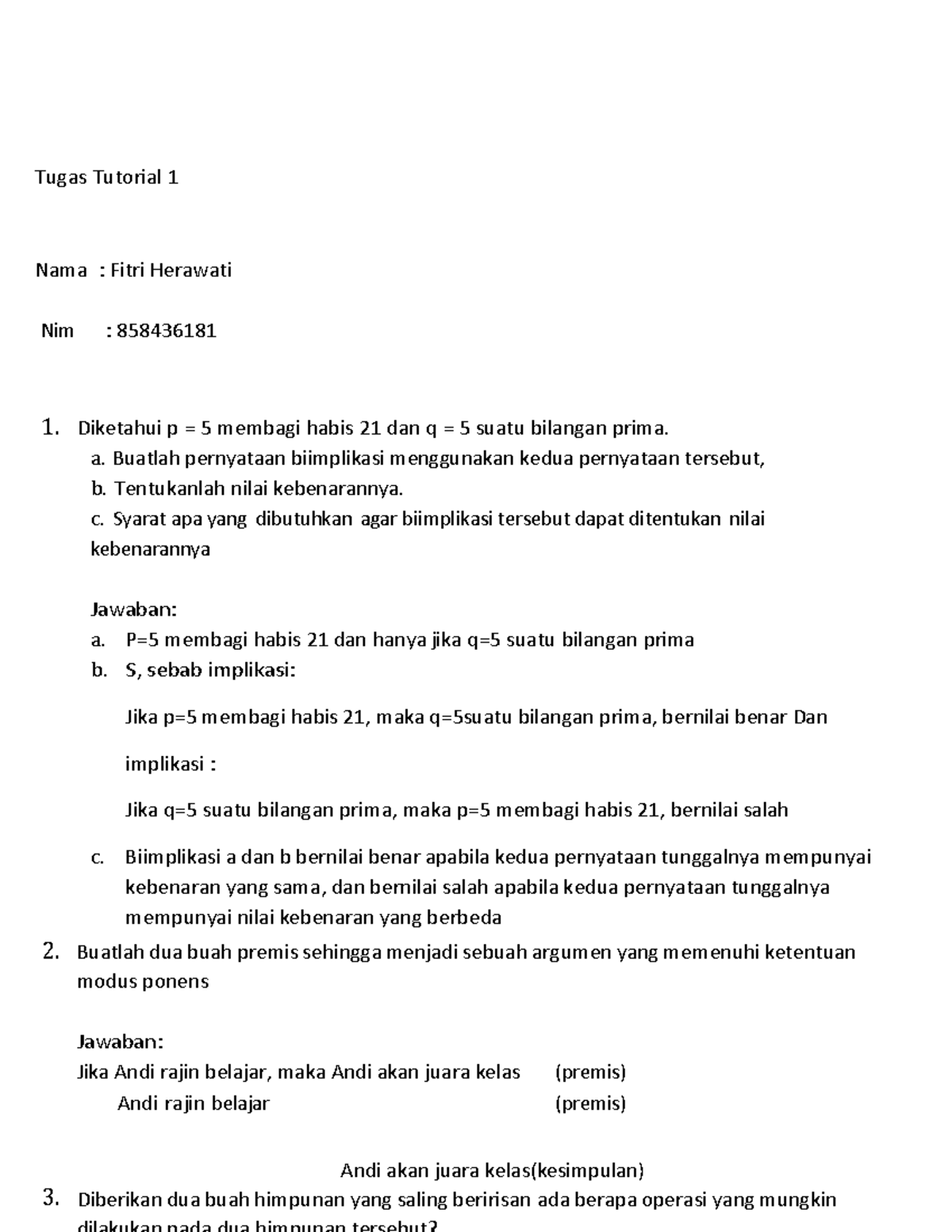 Tugas 1 Matematika - Tugas Tutorial 1 Nama : Fitri Herawati Nim ...