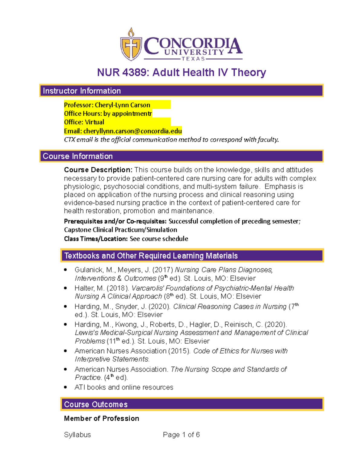 NUR 4389 2023 Adult Health IV Theory Syllabus Summer 2023[99] - NUR ...