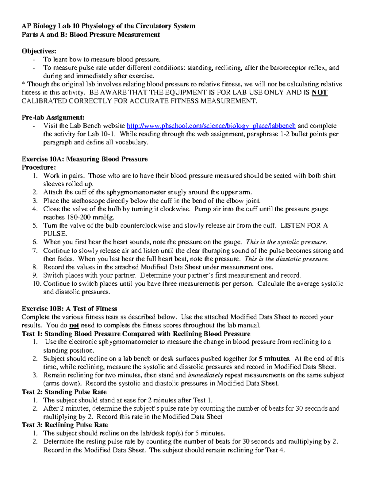 Physiology of the circulatory system lab AP Biology Lab 10 Physiology
