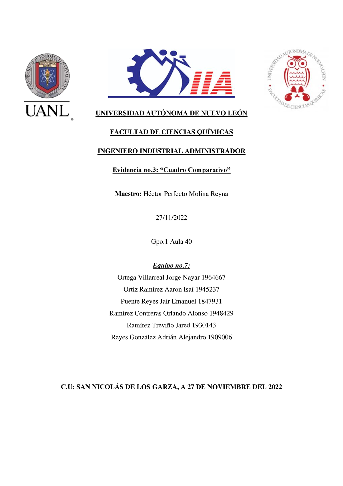 Evidencia 3 Cuad Comp Eq7 Universidad AutÓnoma De Nuevo LeÓn Facultad De Ciencias QuÍmicas 6405