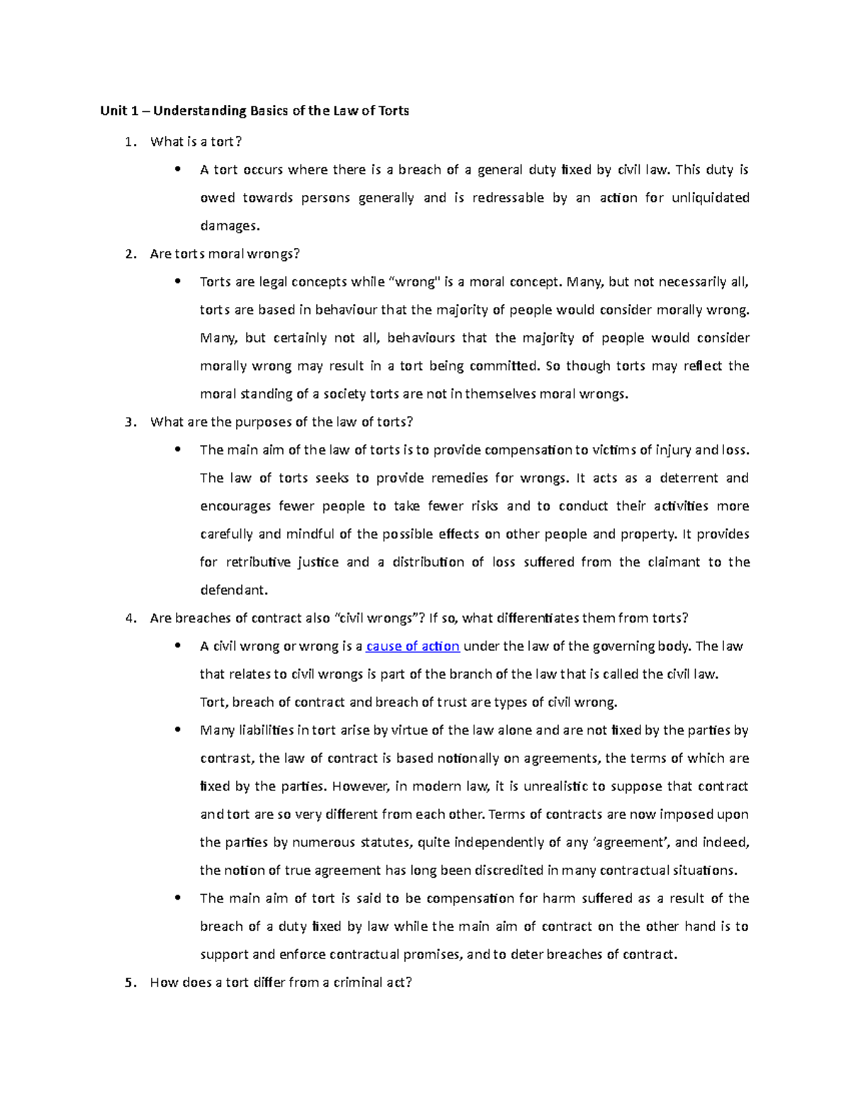 Unit 1 - Introduction to the Law of Torts - Unit 1 – Understanding ...