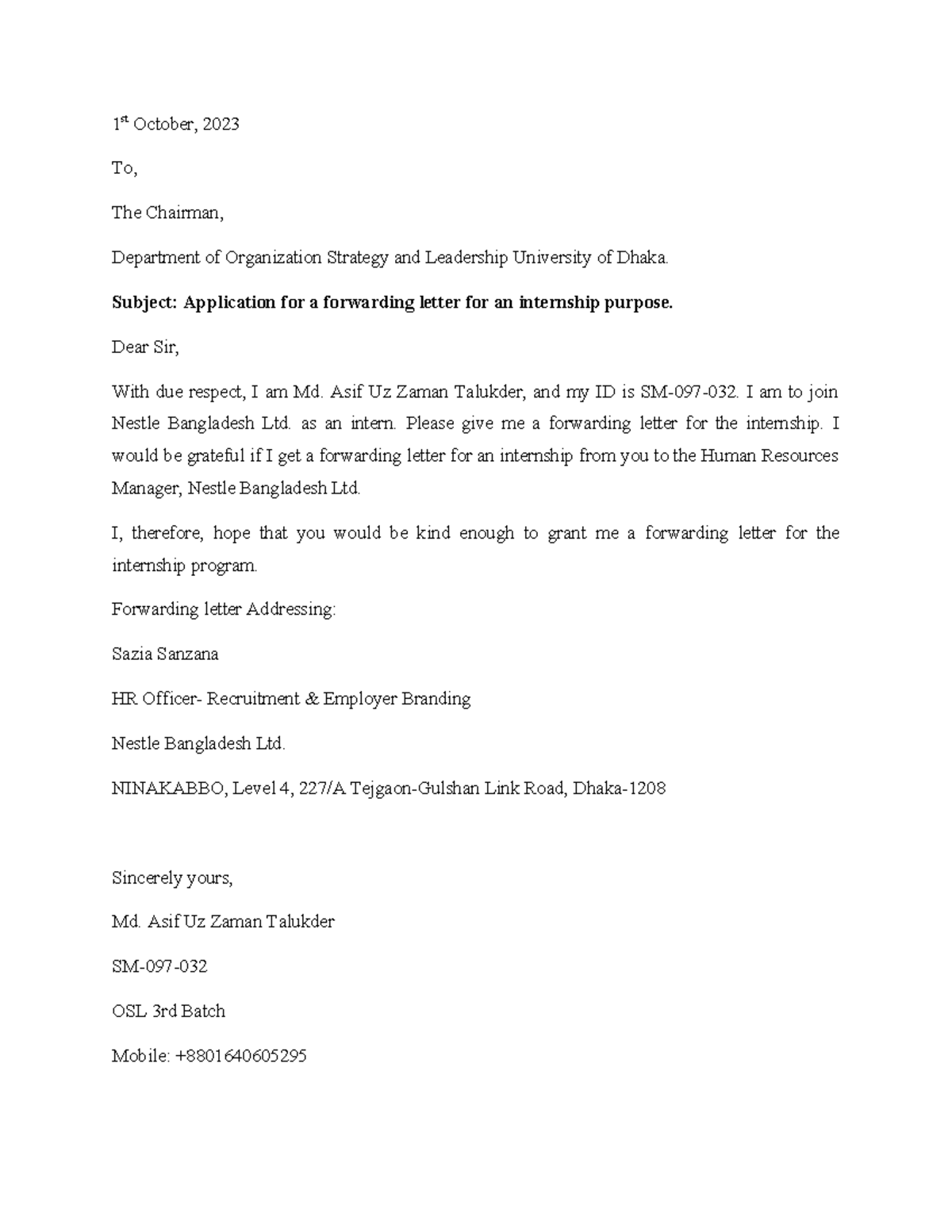 Intership Application Asif - 1 st October, 2023 To, The Chairman ...