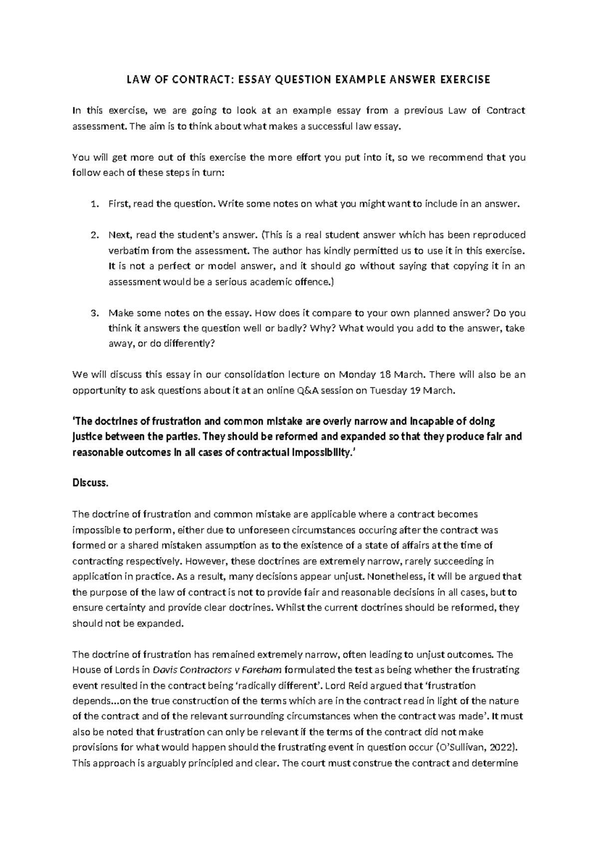 Essay question example answer - LAW OF CONTRACT: ESSAY QUESTION EXAMPLE ...