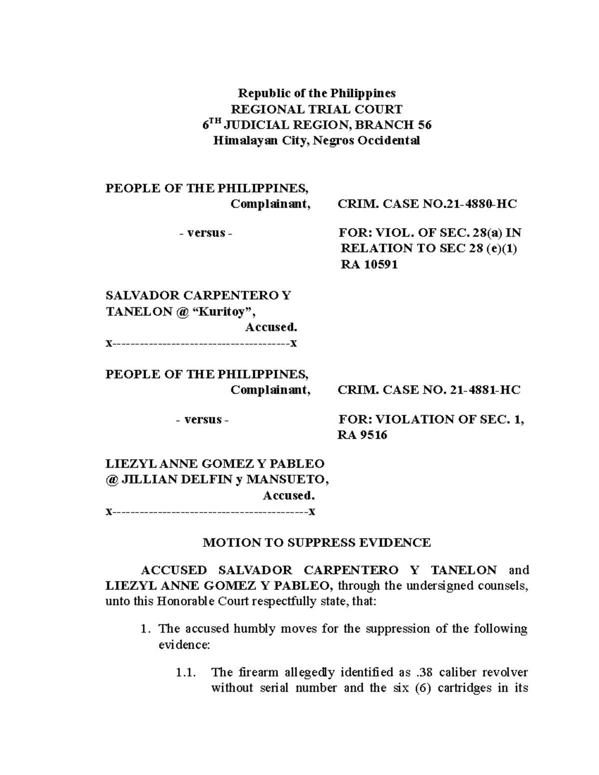 Draft Motion To Suppress Evidence Sample Republic Of The Philippines 