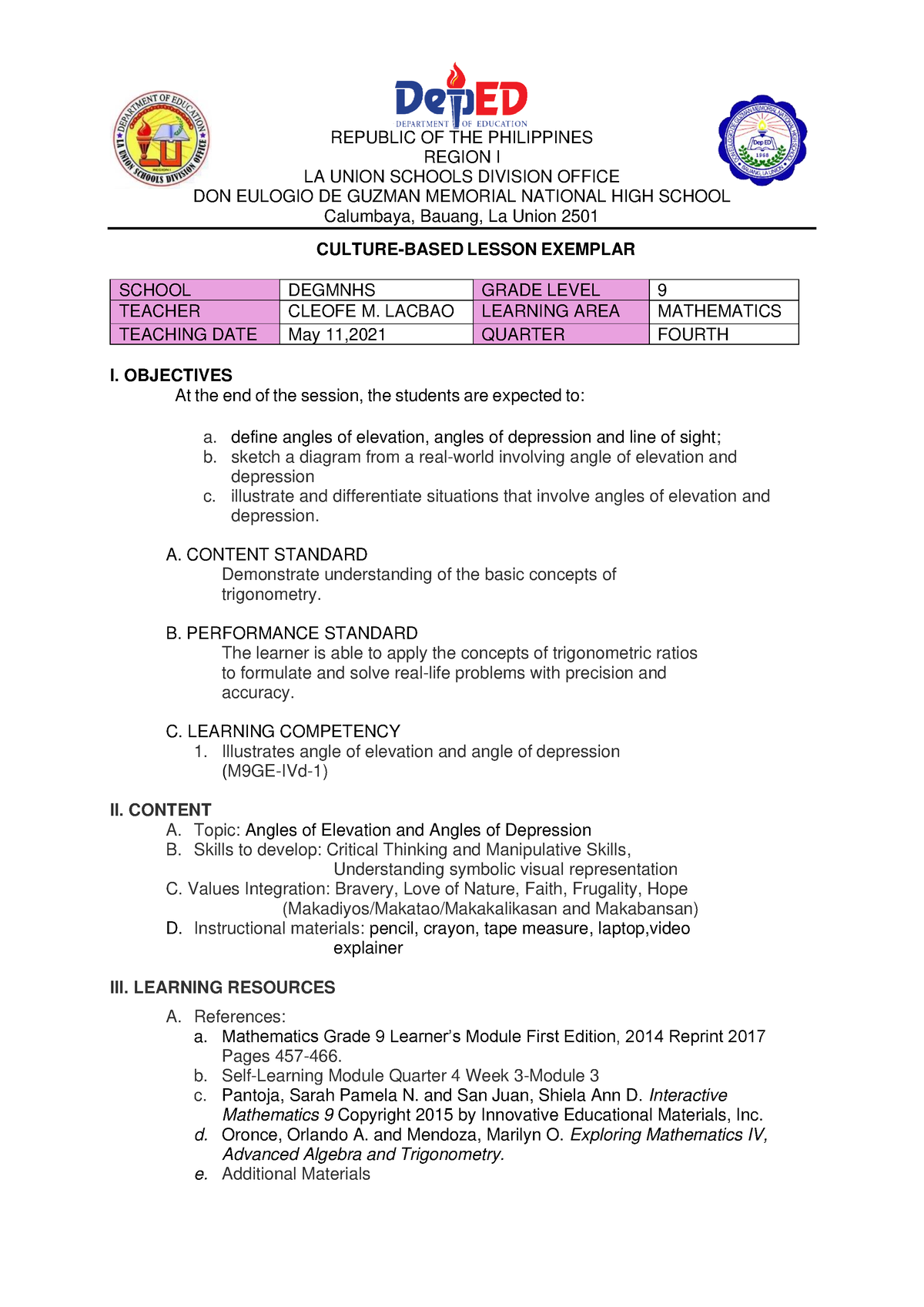 Lesson Exemplar MATH 9- Cleofe M. Lacbao (LA Union Division) - REPUBLIC ...