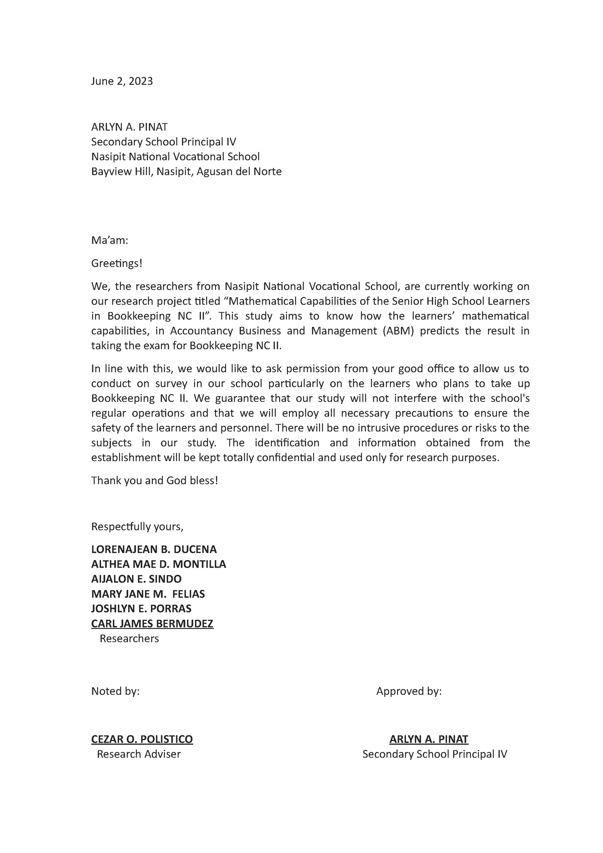 Letter - This is our coursework in ABM - June 2, 2023 ARLYN A. PINAT ...