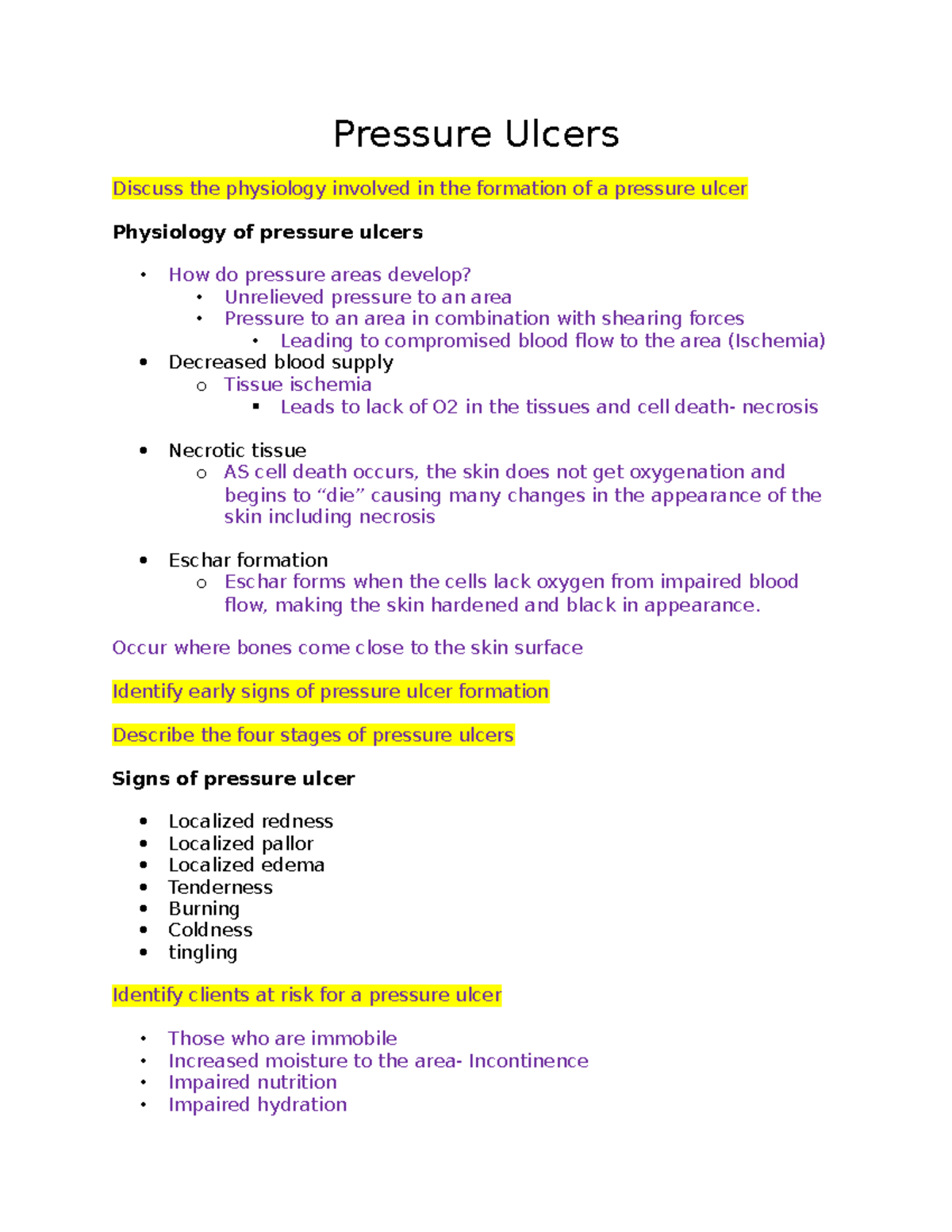 Pressure Ulcers - Lecture notes week 12 - LPN1 - Chatt State - Studocu