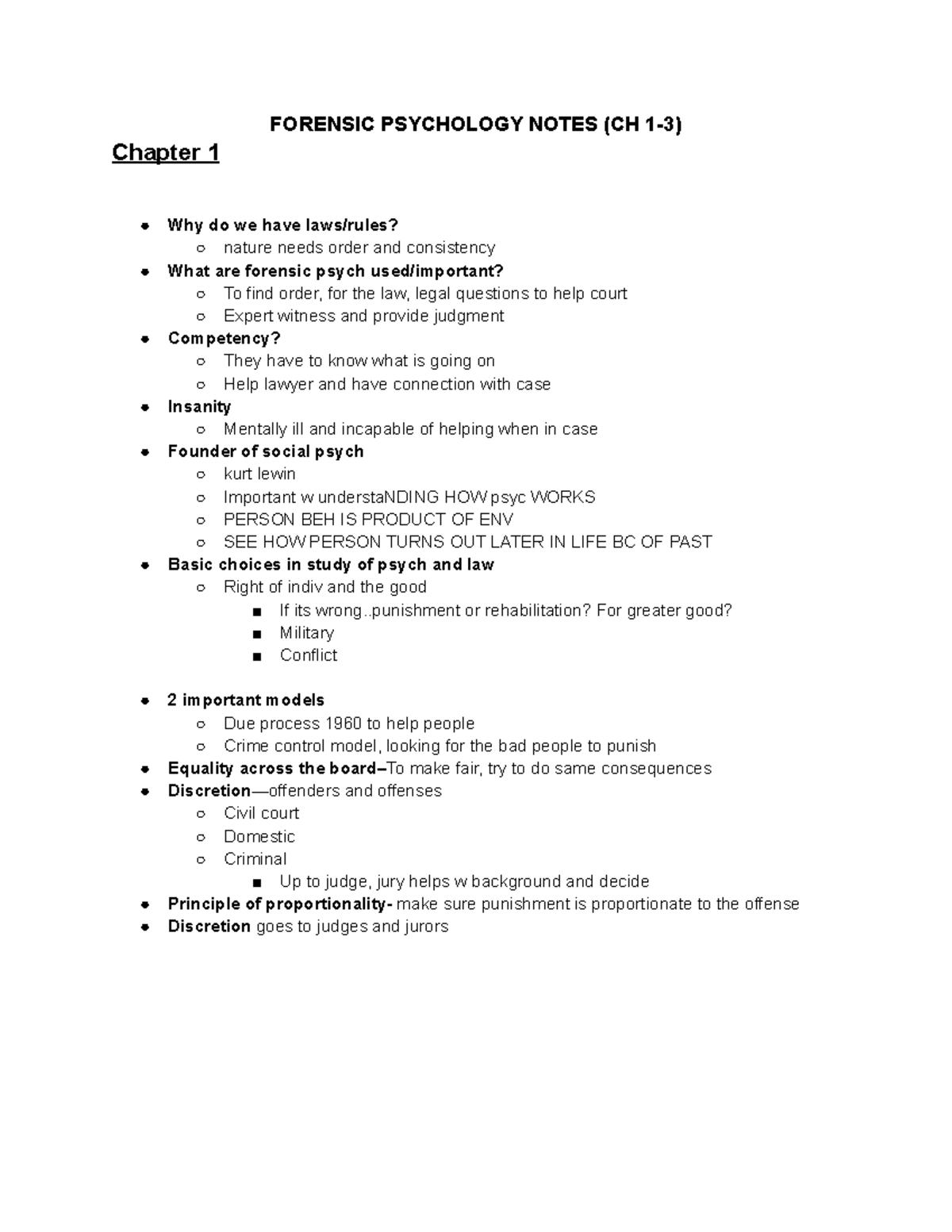 Forensic PSYC IN Class Notes FORENSIC PSYCHOLOGY NOTES (CH 13