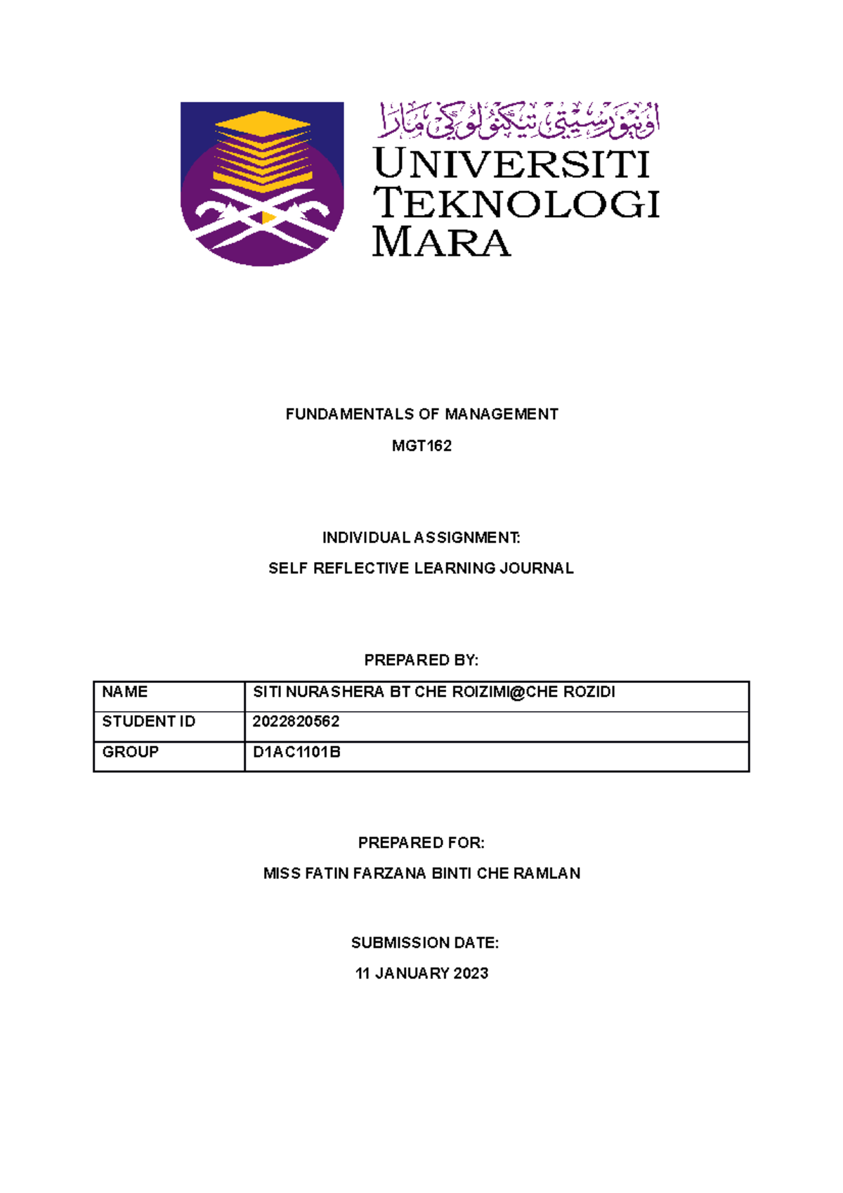 MGT162 Individual Assignment - FUNDAMENTALS OF MANAGEMENT MGT ...