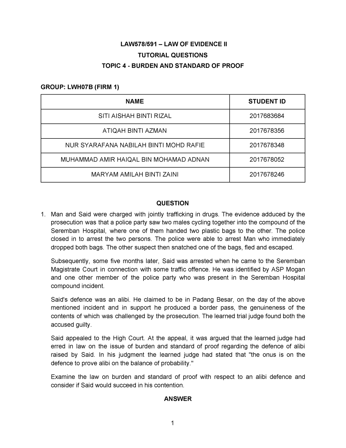 7B LAW578 Tutorial 7 (Burden And Standard Of Proof) - LAW578/591 – LAW ...