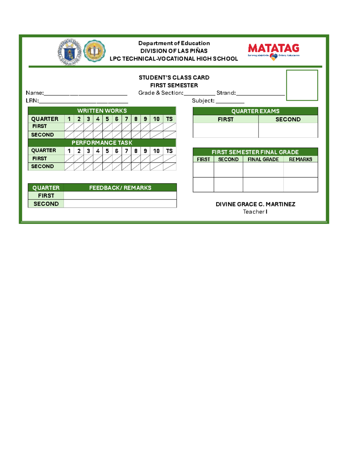 Class CARD- Green- SHS - Recording learners academic results ...