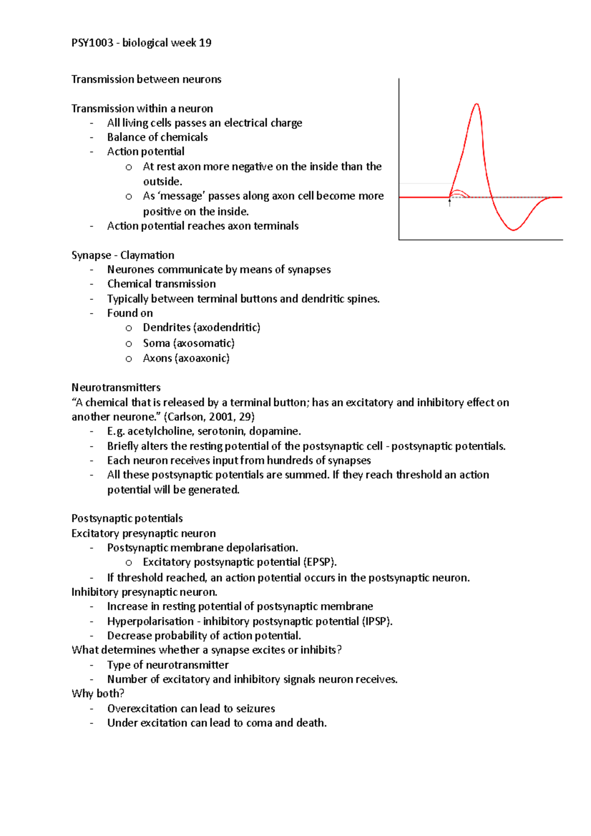 Neurones - PSY1003 - biological week 19 Transmission between neurons ...
