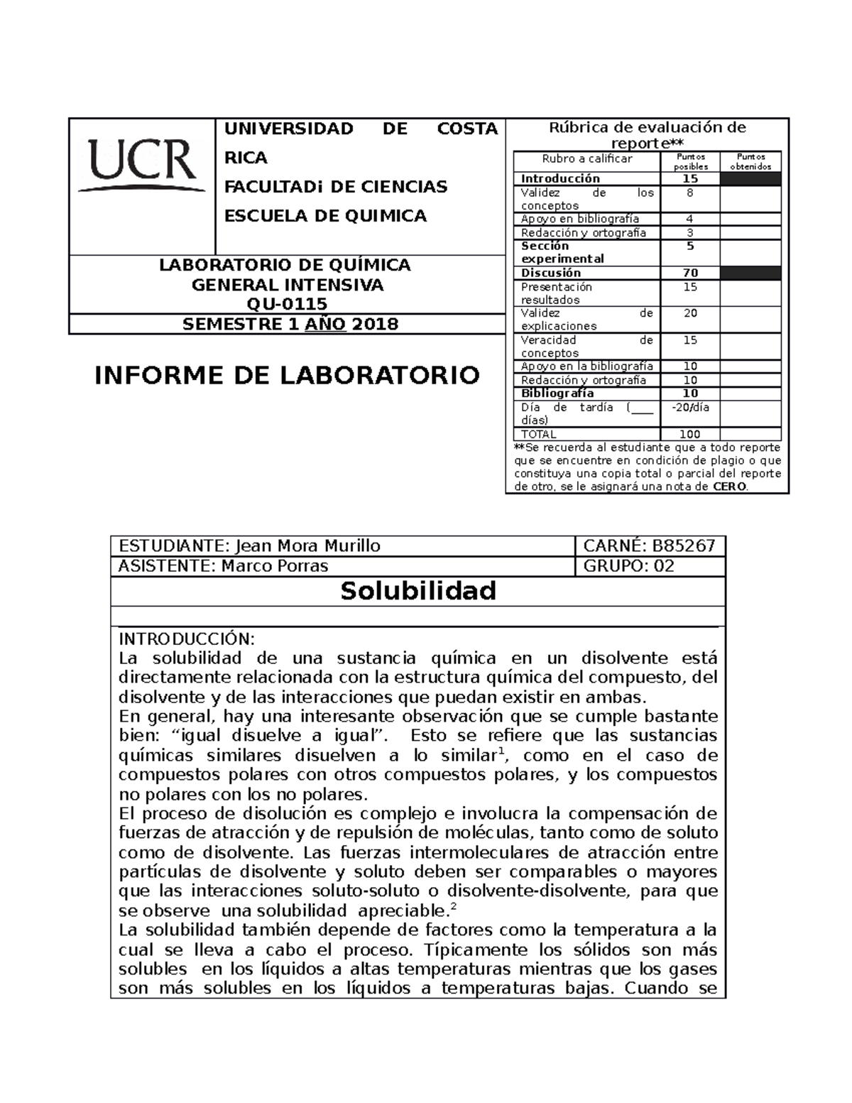 Informe Quimica 4 Solubilidad Universidad De Costa Rica Rubrica De Evaluacion De Reporte Rubro Studocu
