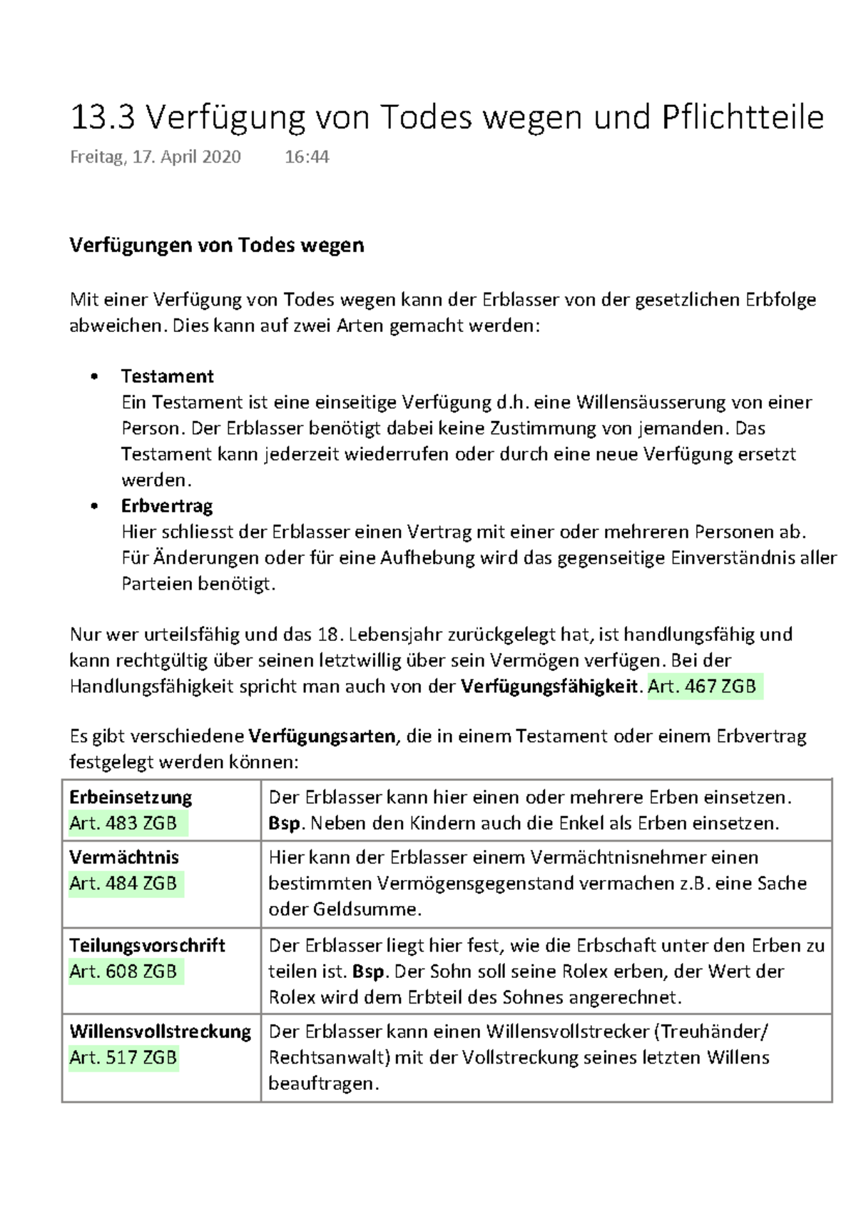 13.3 Verfügung von Todes wegen und Pflichtteile Verfügungen von Todes