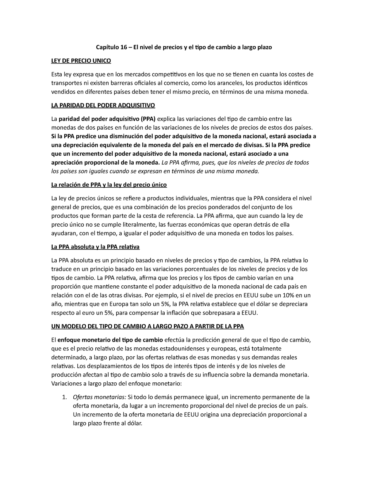 Capítulo 16 – El nivel de precios y el tipo de cambio a largo plazo -  Resumen - LA PARIDAD DEL PODER - Studocu