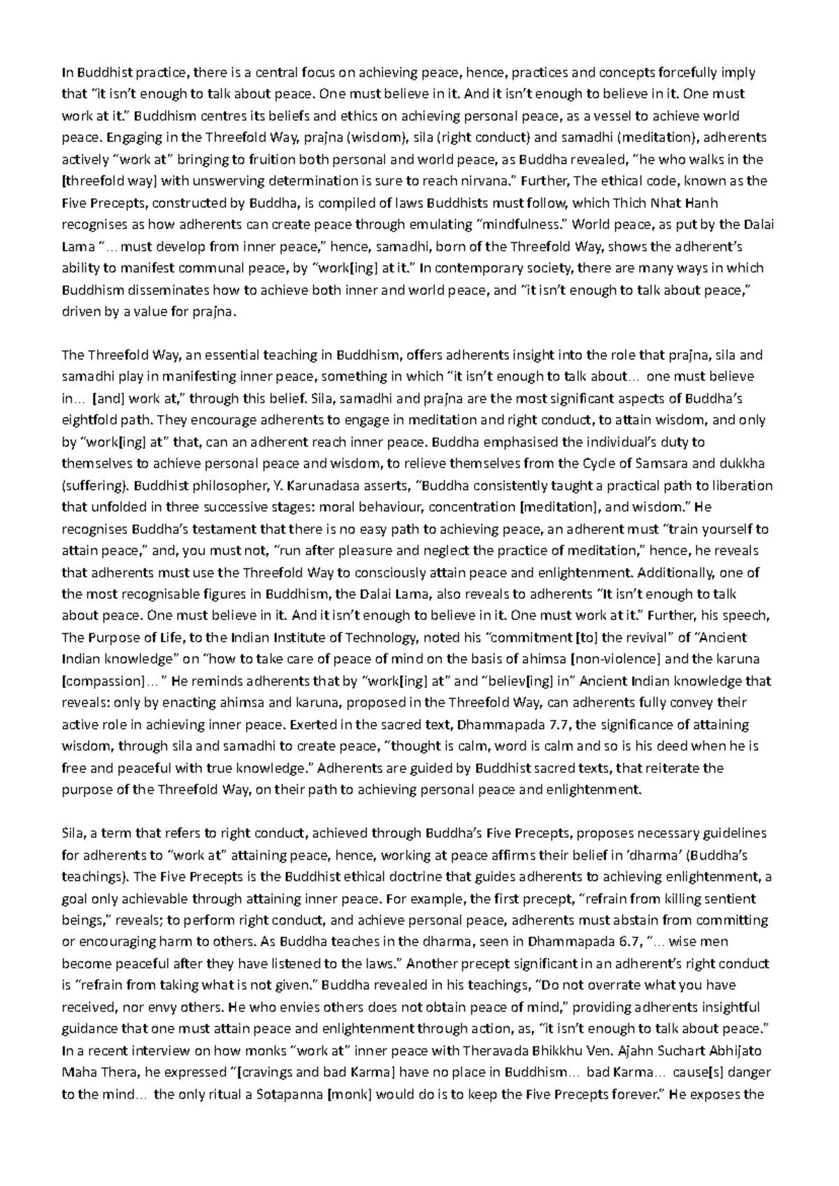 SOR religion and peace essay Google Docs In Buddhist practice, there is a central focus on