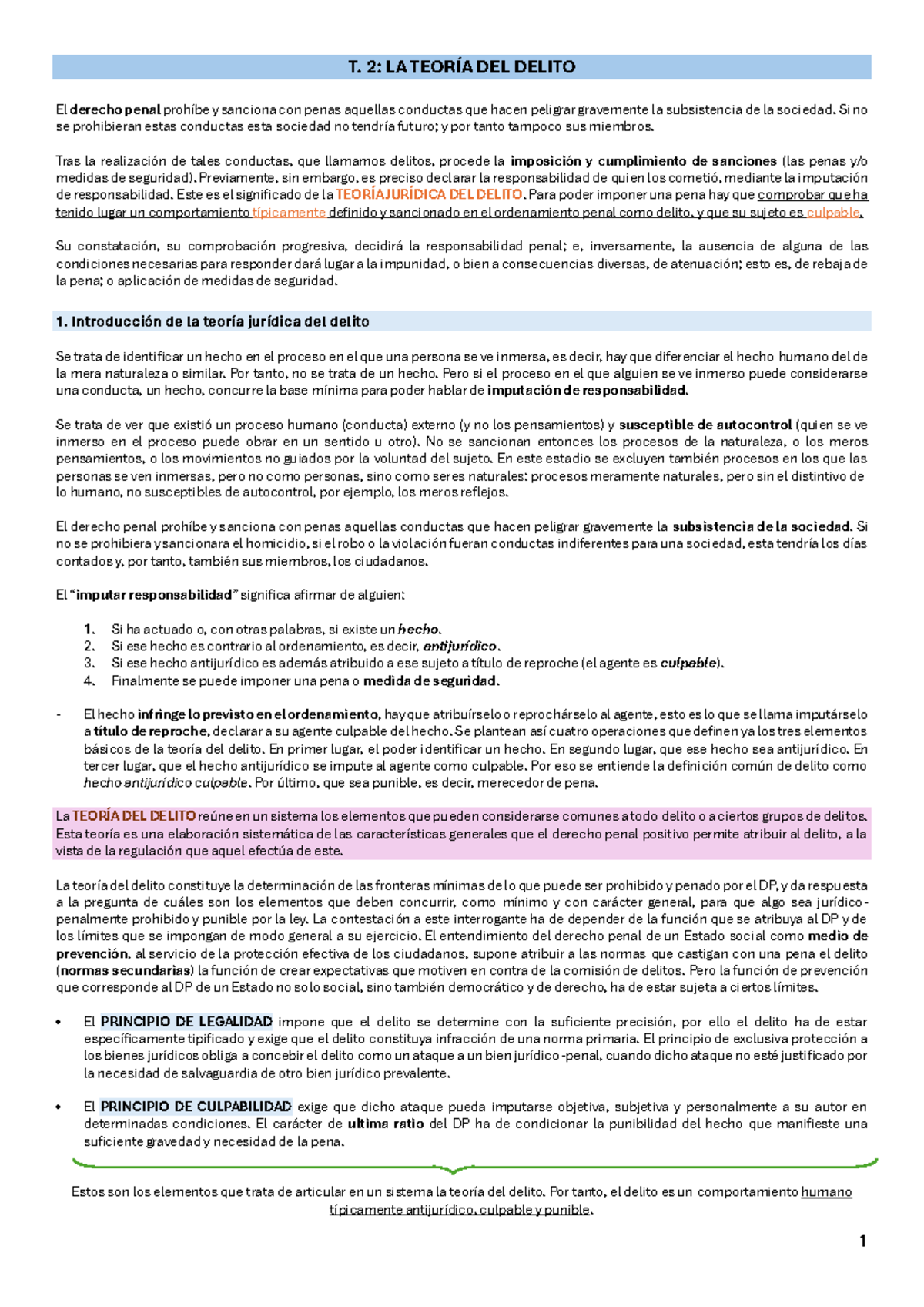 T2 - Tema 2 penal - 1 T. 2: LA TEORÍA DEL DELITO El derecho penal ...