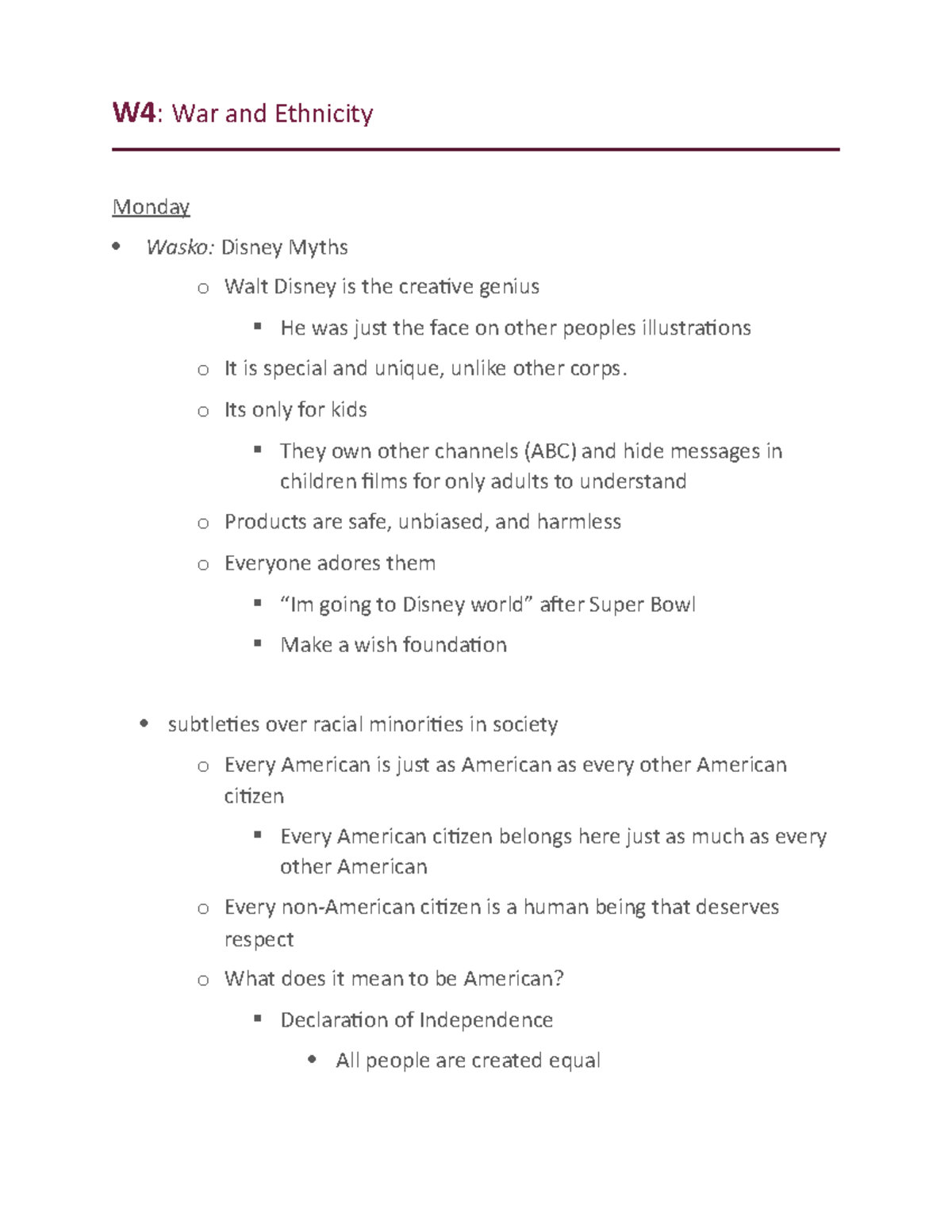 W4 - Lecture notes 4 - W4: War and Ethnicity Monday Wasko: Disney Myths ...