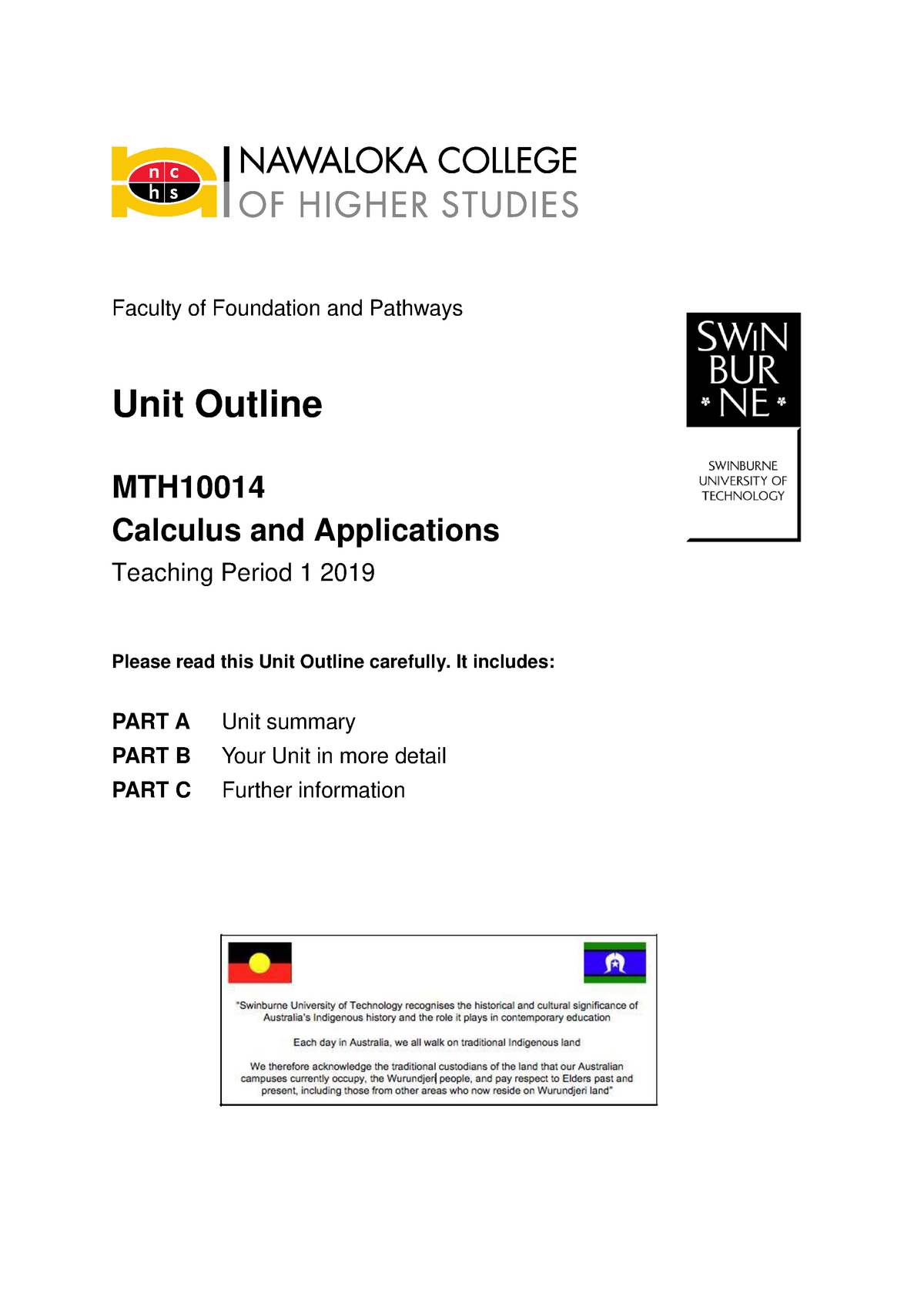 MTH10014 Calculus and Applications Unit Ouline TP1 2019 Faculty of