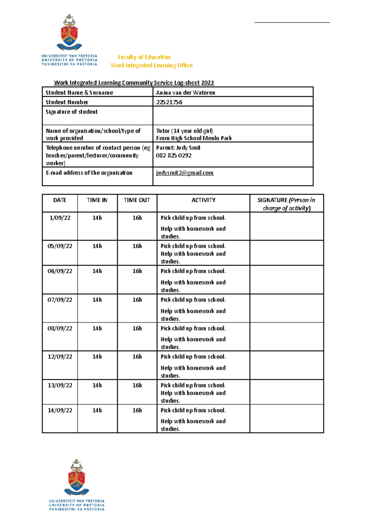 2023WIL-Community Service Log-sheet - Faculty of Education Work ...