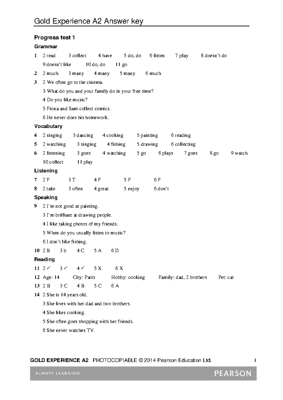 15 GXP A2 Test Answer Key - Progress test 1 Grammar 1 2 read 3 collect ...
