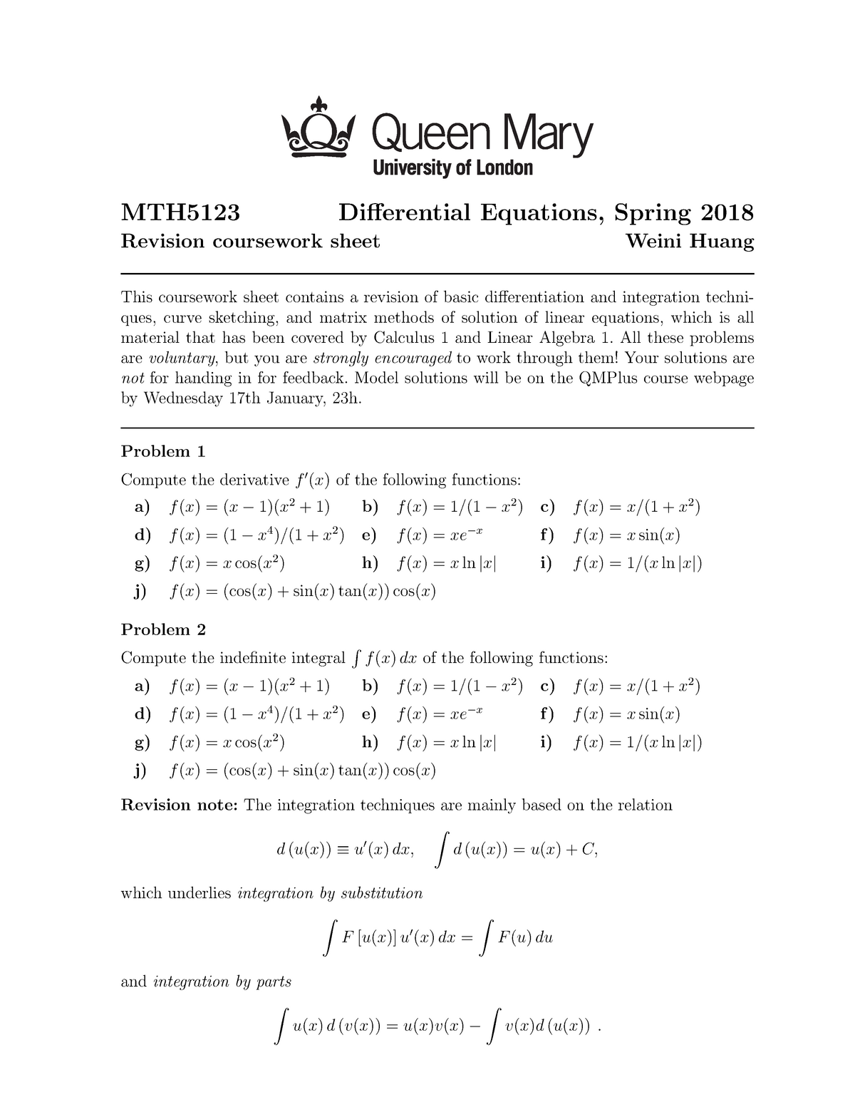 Differential Equations Cw1 Mth5123 Differential Equations Spring 18 Revision Coursework Sheet Weini Huang This Coursework Sheet Contains Revision Of Basic Studocu
