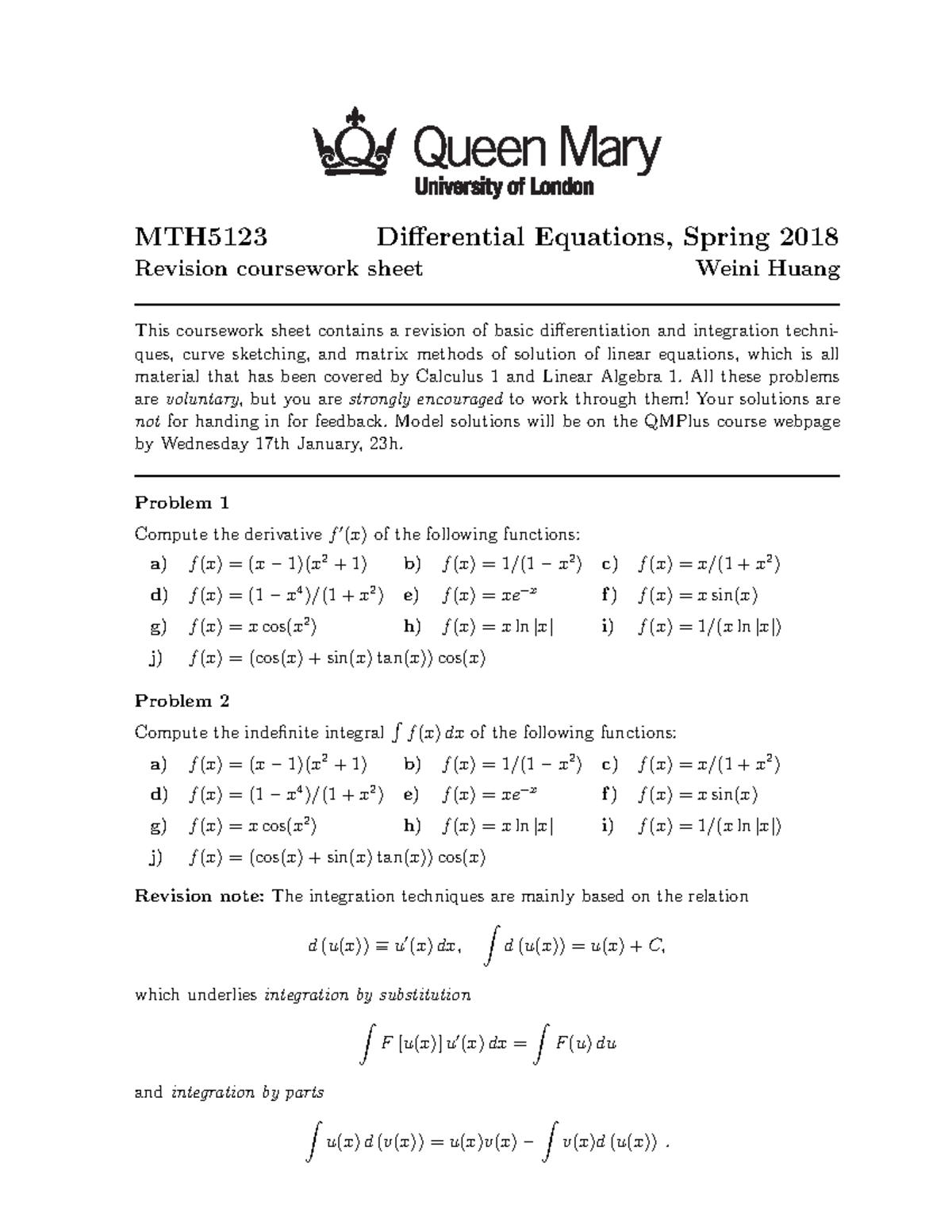 Differential Equations Cw1 Mth5123 Differential Equations Spring 18 Revision Coursework Sheet Weini Huang This Coursework Sheet Contains Revision Of Basic Studocu