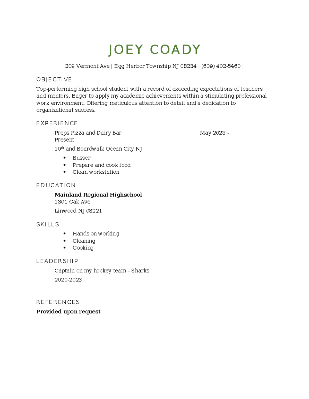 Resume - JOEY COADY 209 Vermont Ave | Egg Harbor Township NJ 08234 ...