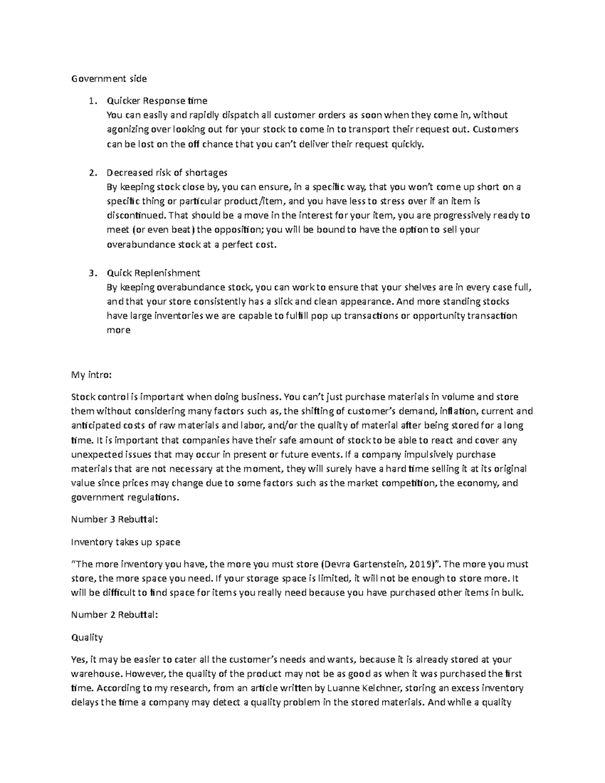 Debate number 2 - Lecture notes 3 - Government side Quicker Response ...