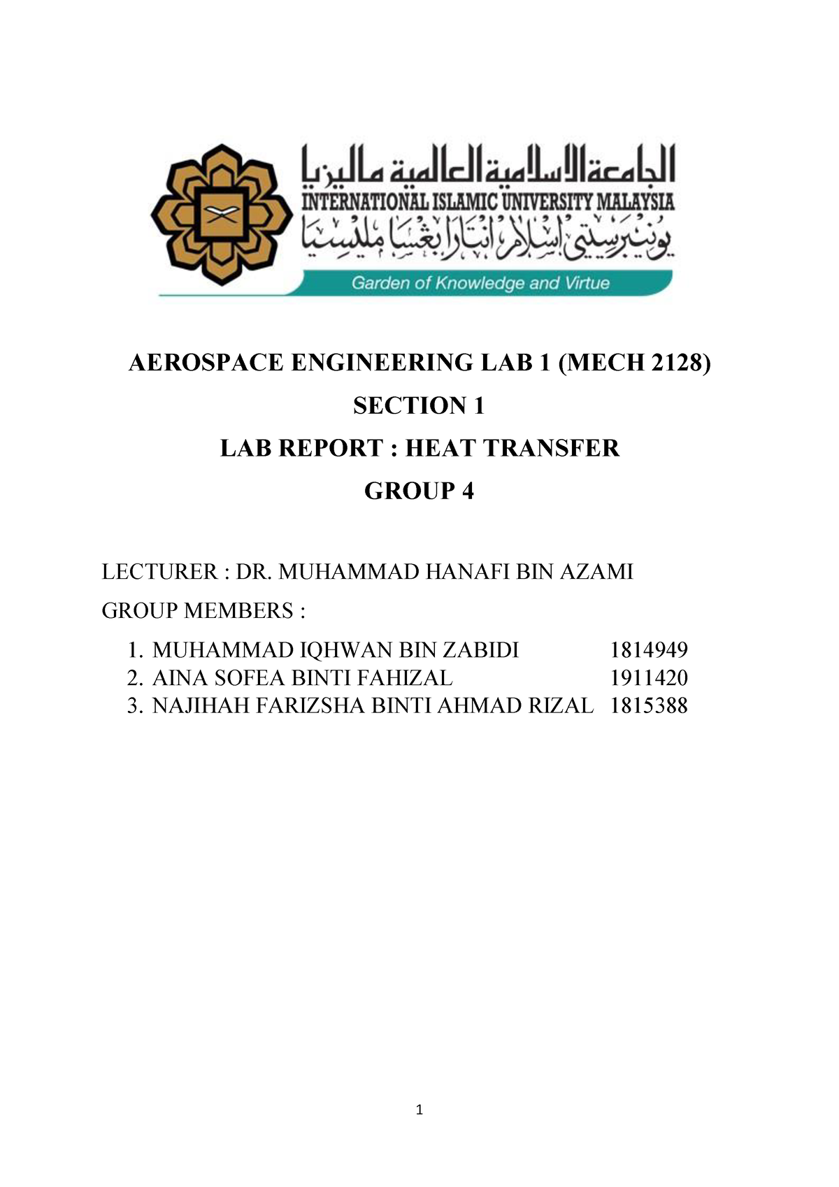 Heat Conduction Lab Aerospace - AEROSPACE ENGINEERING LAB 1 (MECH 2128 ...