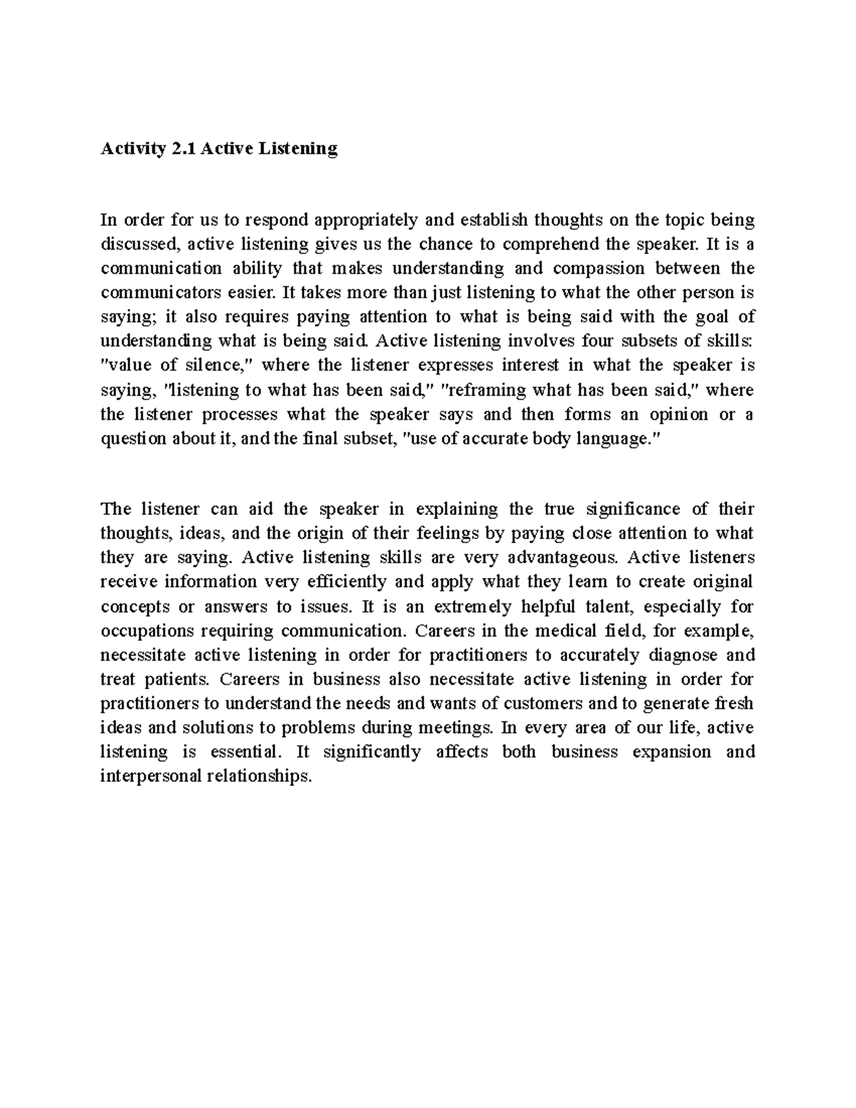 Activity 2.1 Active Listening - Activity 2 Active Listening In order ...